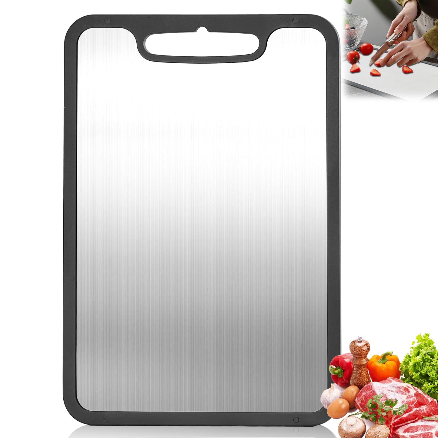 Titanium Cutting Boards for Kitchen & Camping,Metal Cutting Board,Silicone Edge for Non-Slip & Non-Cut,Built-in Handle,Long Lasting,Stain Resistant,Rust Resistant, Small(11.41''×7.87'')