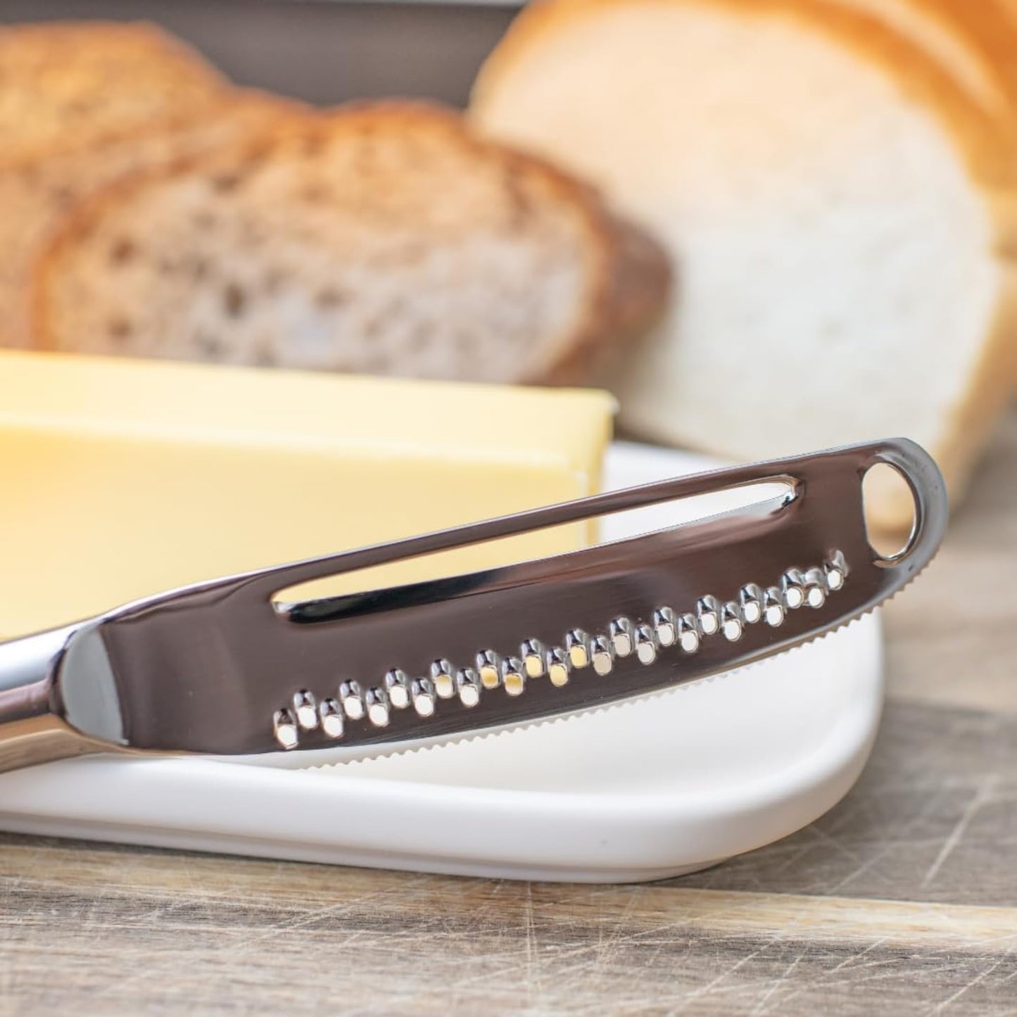 Houseify READY BUTTER PRO 3-in-1 Butter Knife - Stainless Steel Serrated Knife With Holes in Blade - Cold Butter Spreader, Curler & Micro Grater - Dishwasher Safe