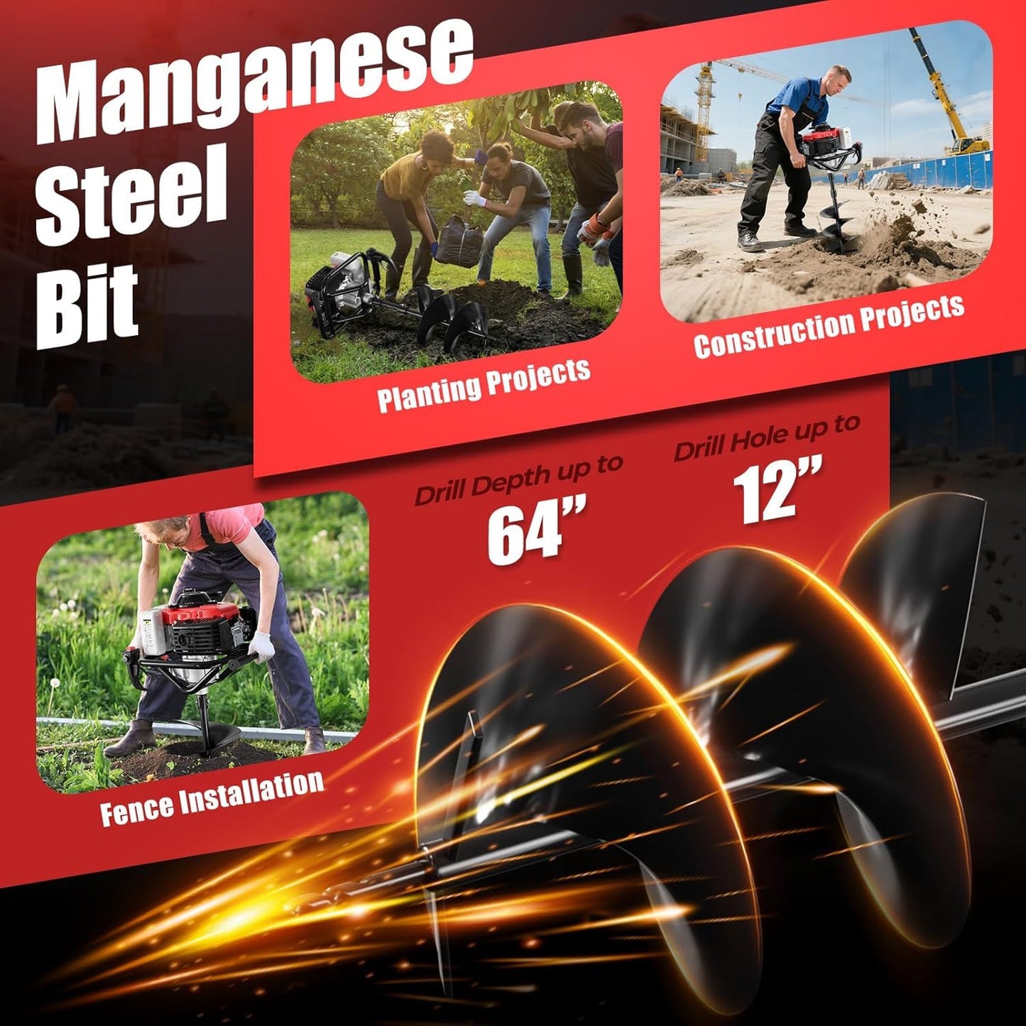 78CC 4-Stroke Auger Post Hole Digger, Single Person Gas Powered Earth Auger with 6" & 8" Drill Bits and Extension Rod, Heavy Duty Ground Drill for Fence Post, Tree Planting