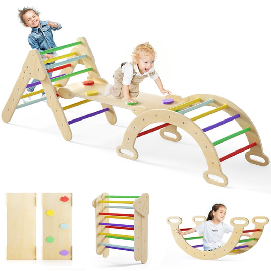 Olakids Pikler Triangle Set 7 in 1 Climbing Toys for Toddlers 1-3 Inside Foldable Wood Montessori Jungle Gym with Ramp Ladder Arch Slide Baby Climber Indoor Playground