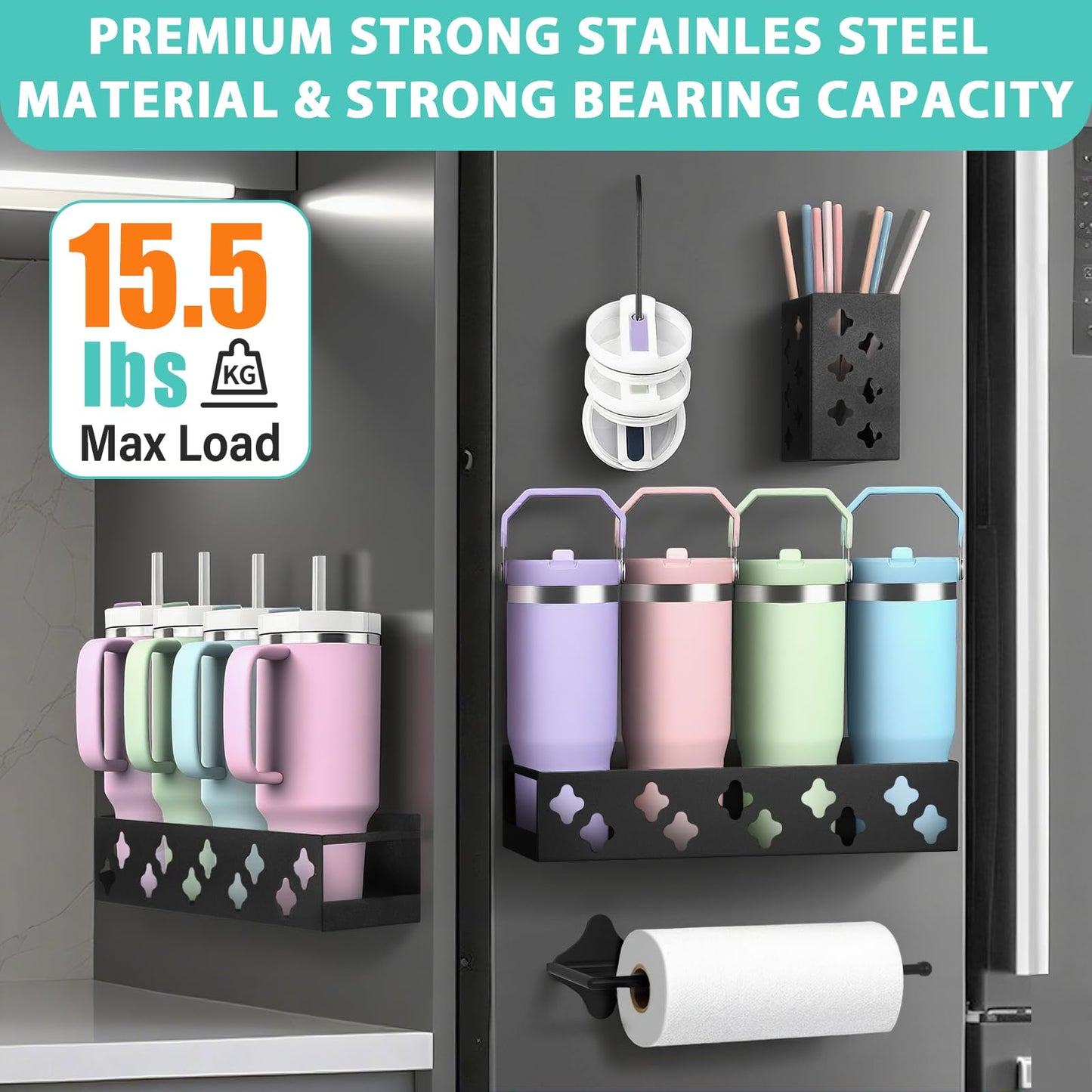 Magnetic Water Bottle Organizer for Fridge, Cup Holder for Stanley 30 40 Oz with Tumbler Lid & Straw & Paper Towel Holder, 8 Tumblers Kitchen Storage Rack for Stanley Cup Accessories, Space-Saving