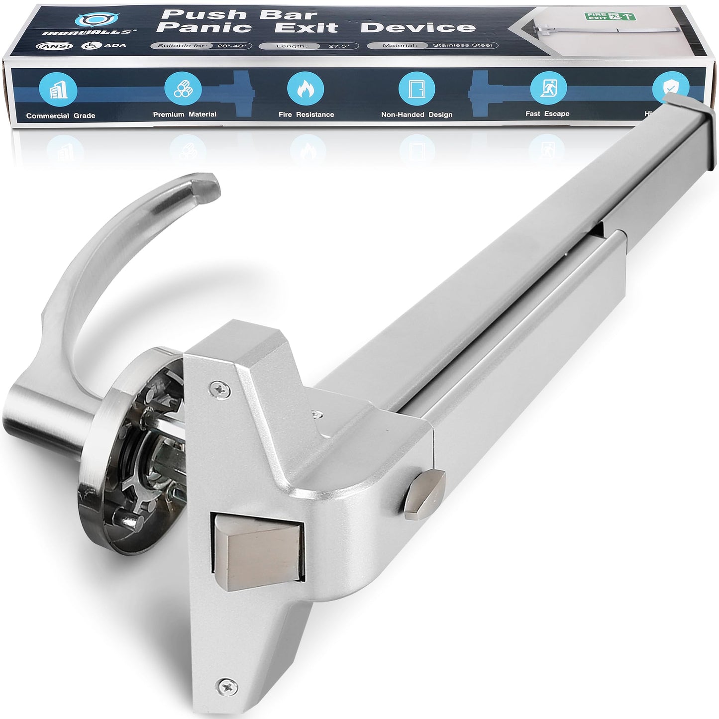 IRONWALLS Commercial Door Push Bar Panic Exit Device with Exterior Lever, 70cm/27.5” Stainless Steel Panic Bars for Exit Doors, Emergency Exit Panic Door Hardware for 28”-41” Wood Metal Door, Silver