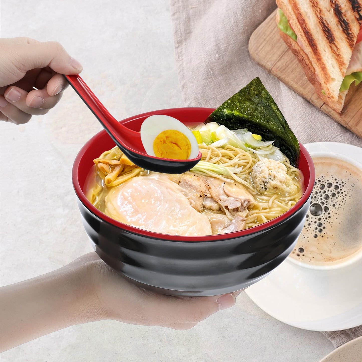 wutfuooo 8 Pack Melamine Noodle Soup Bowls, 32OZ Large Japanese Ramen Bowl Set with Spoon, Unbreakable Miso Soup Cereal Bowls for Ramen, Udon, Soba, Pho and Soup