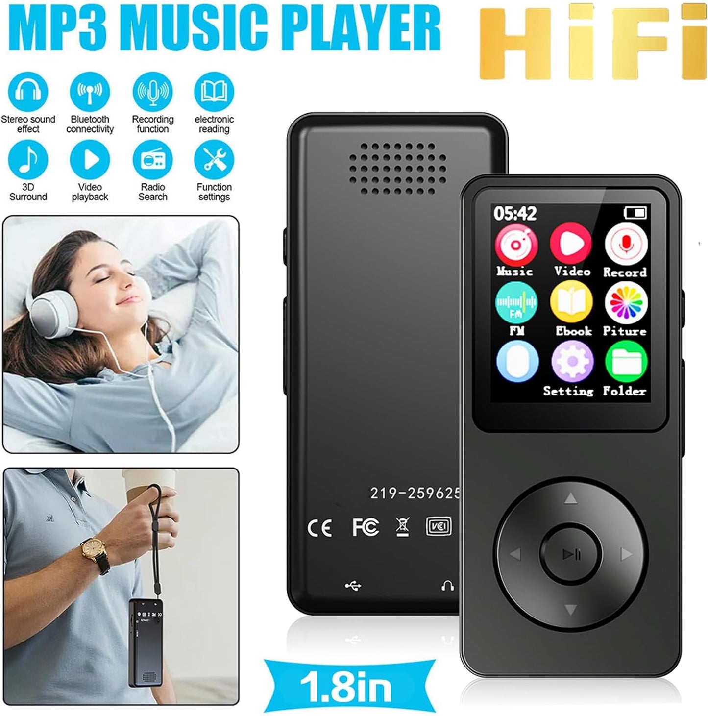 TIKATARER 2.4 Inch MP3 5.4, 32G Player with Bluetooth HiFi Music Player, Built in Speaker FM Radio Voice Recorder E