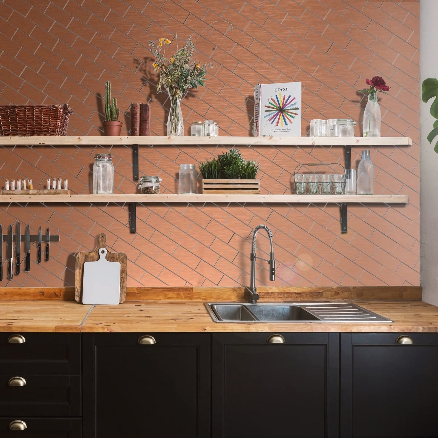 Crystiles Aluminum Peel and Stick Backsplash Tile Panels - 3"x6" Brushed Copper Kitchen Wall Decor, 40-Pack (Copper Color)