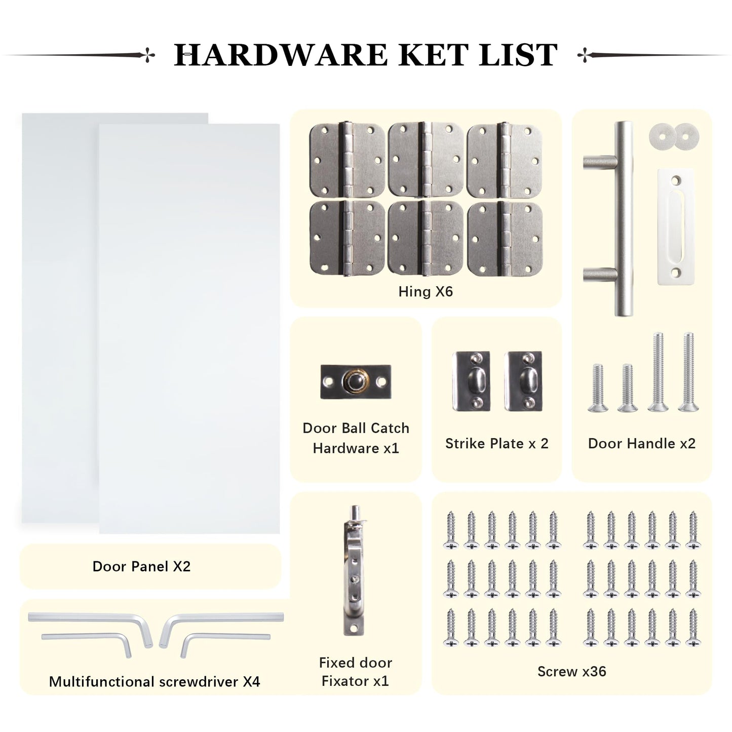 Lakenyon French Doors, 72" x 80", 5-Lite Frosted Tempered Glass French Doors Interior, Solid MDF Core French Door, T-Shape Handles, Flush Bolts, Top Bead Guide, Paintable Surface, White
