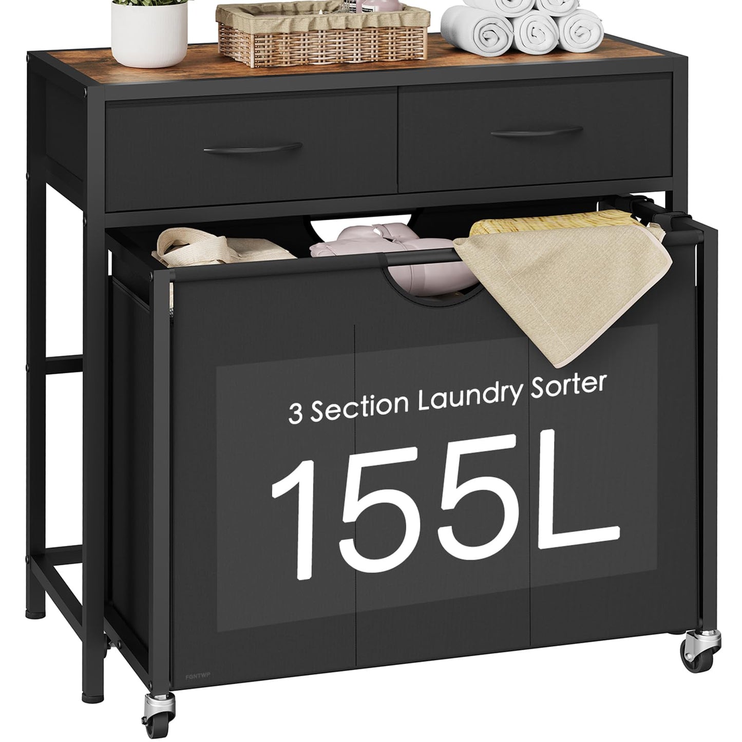 Laundry Sorter 3 Section with Tabletop & 2 Drawers, Rolling Laundry Hamper with Pull-Out and Removable Bags, Laundry Basket Organizer with Wheels and Shelf, Metal Frame Rustic Brown for Laundry Room