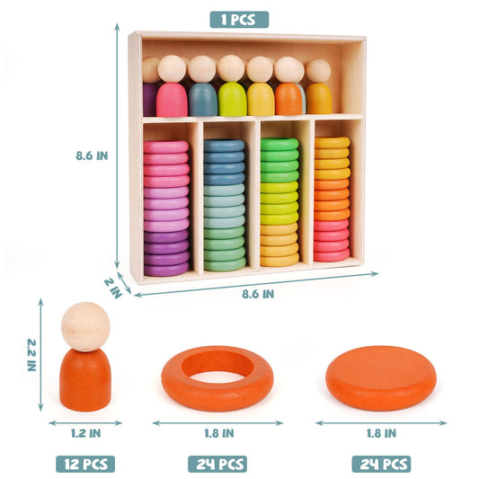 Montessori Toys Wooden Color Sorting Stacking Rings Toy Rainbow Wooden Peg Dolls Counting Toys Circular Building Blocks Stacking Game Preschool Learning Education Fine Motor Skill Toys for Toddlers
