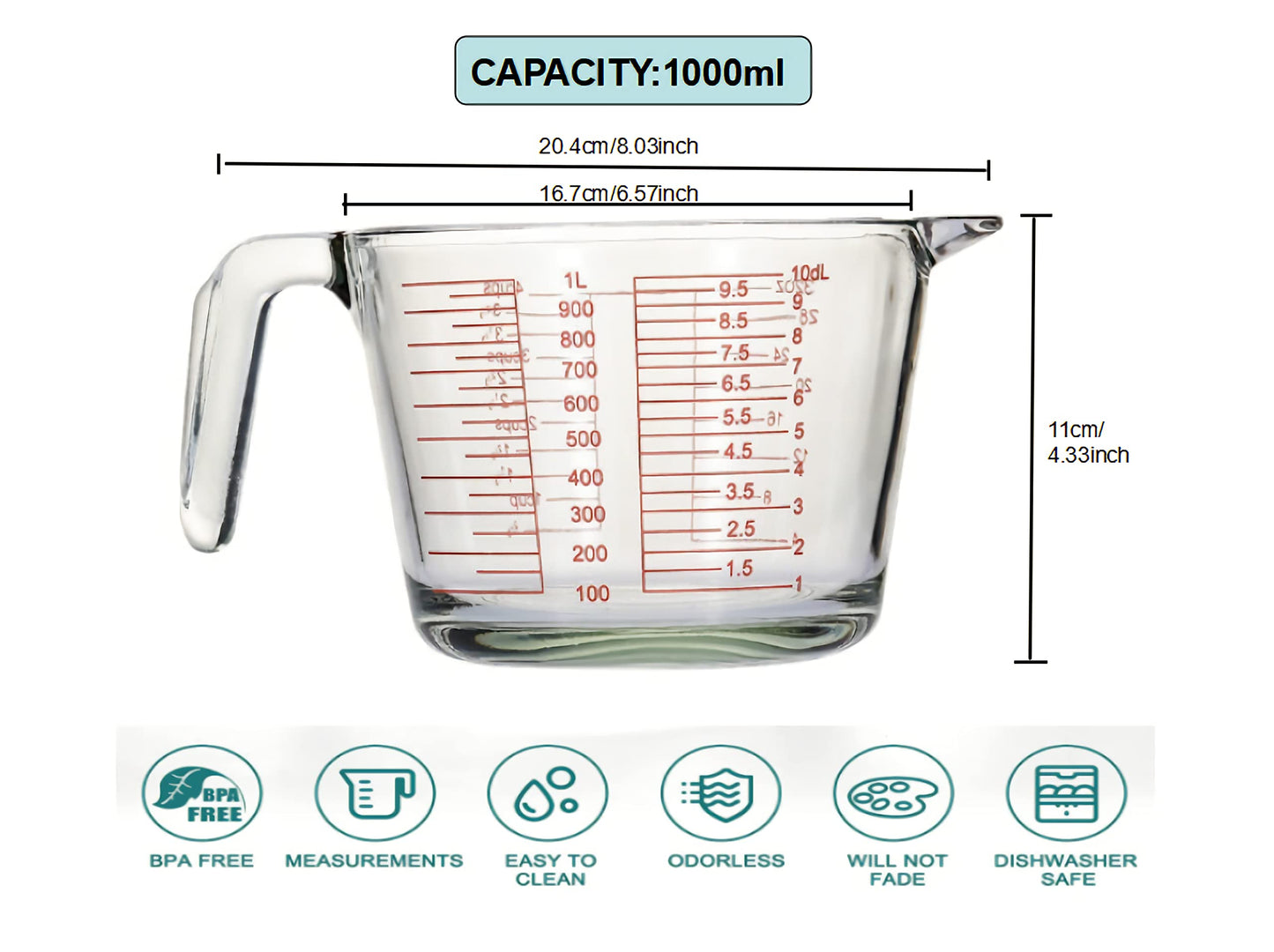 Glass Measuring Cups Set,BPA-Free Premium Heat Resistant Borosilicate Glass Measuring Cups with Handle, Precise Measurement Dl, Cups,OZ & Ml Scale, Easy-Pour Spout