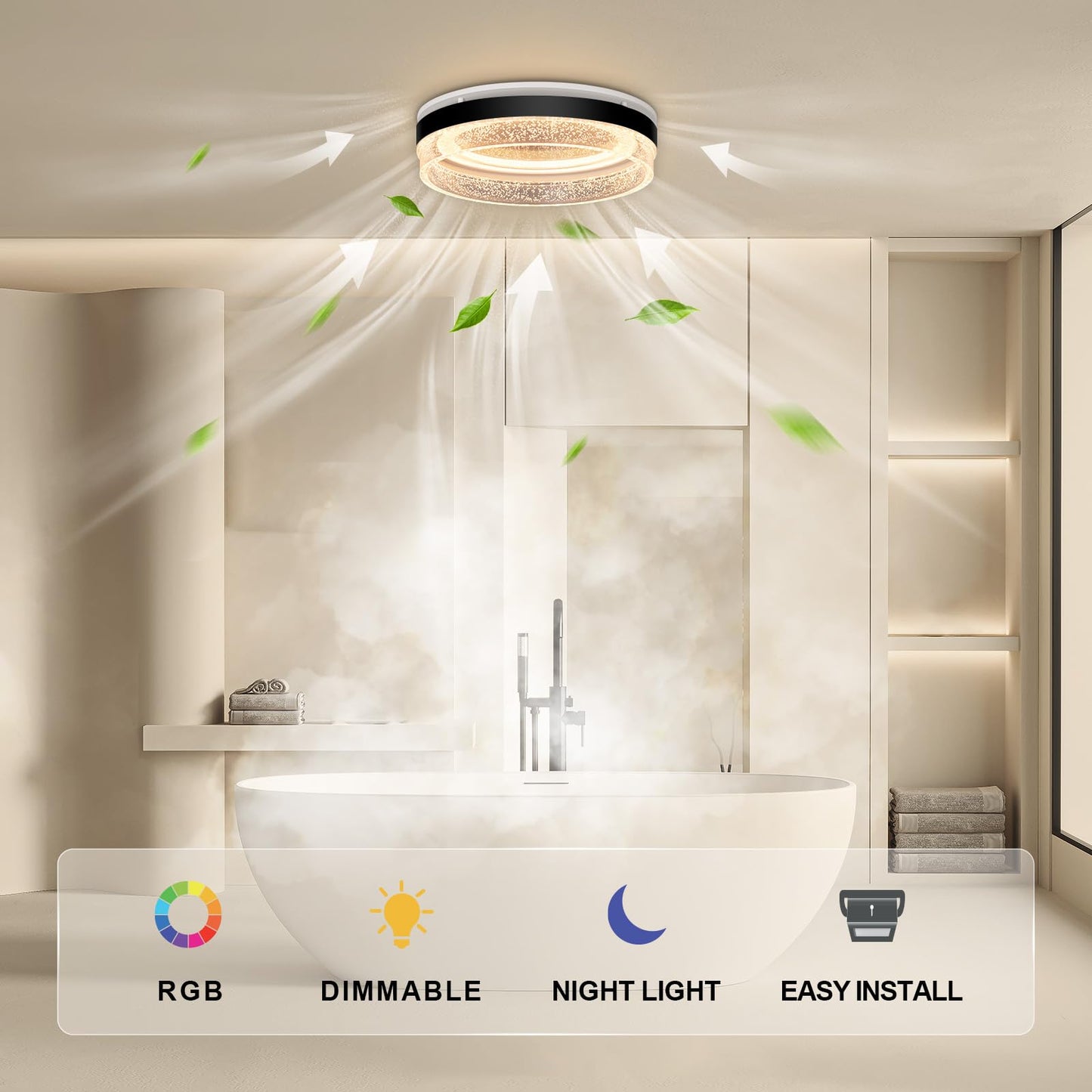 Akicon Bathroom Exhaust Fan with Light, 110 CFM 1.5 Sones Bathroom Fan with Light & Nightlight, Ceiling Mount Vent Fans with Dimmable Shower Lights for Home, Black, Round