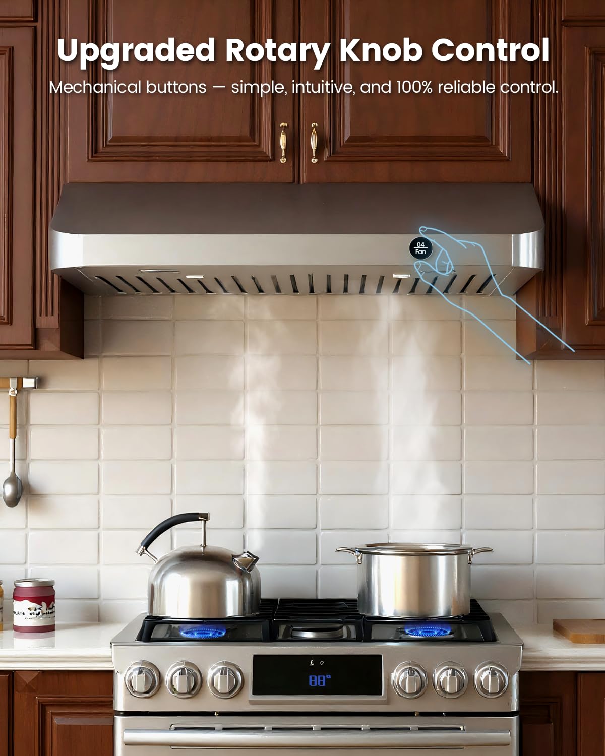 JOCO 30 Inch Under Cabinet Range Hood, 900 CFM Stainless Steel Kitchen Vent Hood, 4-Speed Knob Control C01-30K