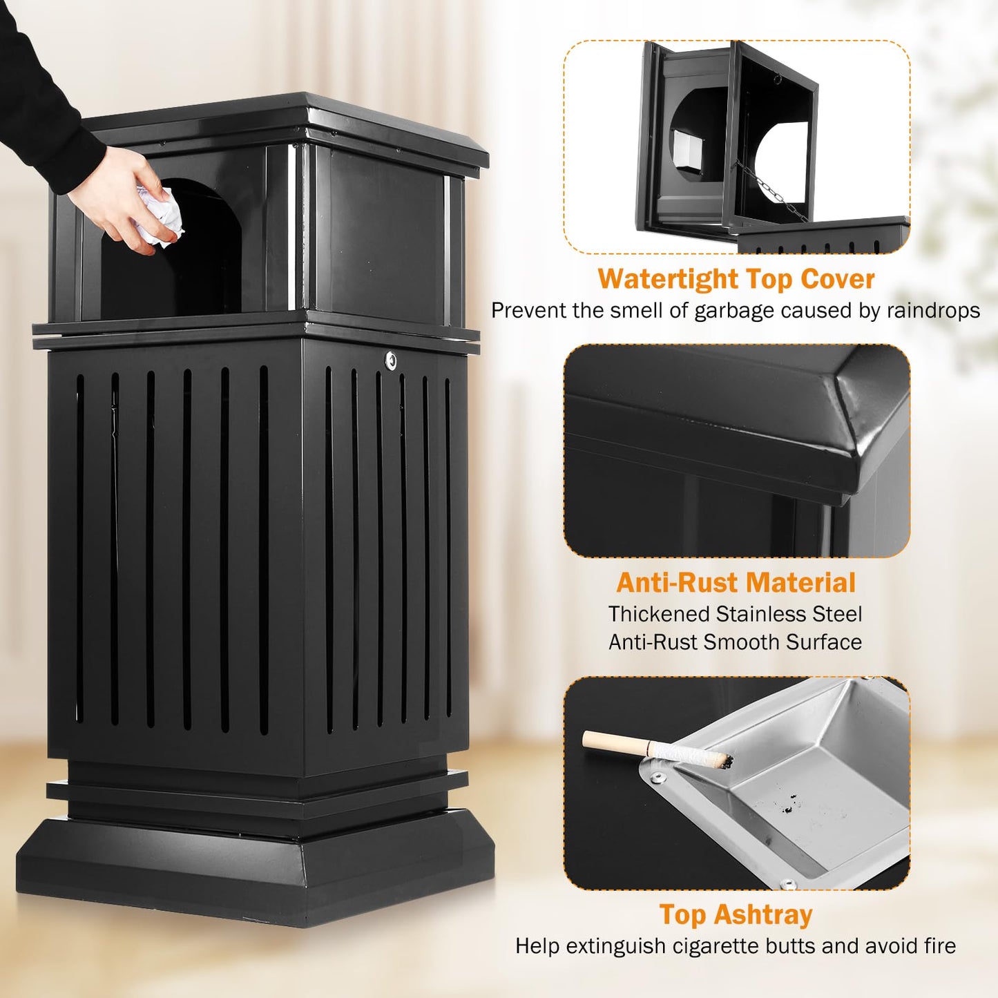 BEAMNOVA Black 17.7 * 37.4 + Matte Black 15.8 * 35.5 Trash Can Outdoor Top Tray Black Stainless Steel Commercial Garbage Enclosure with Locking Lid