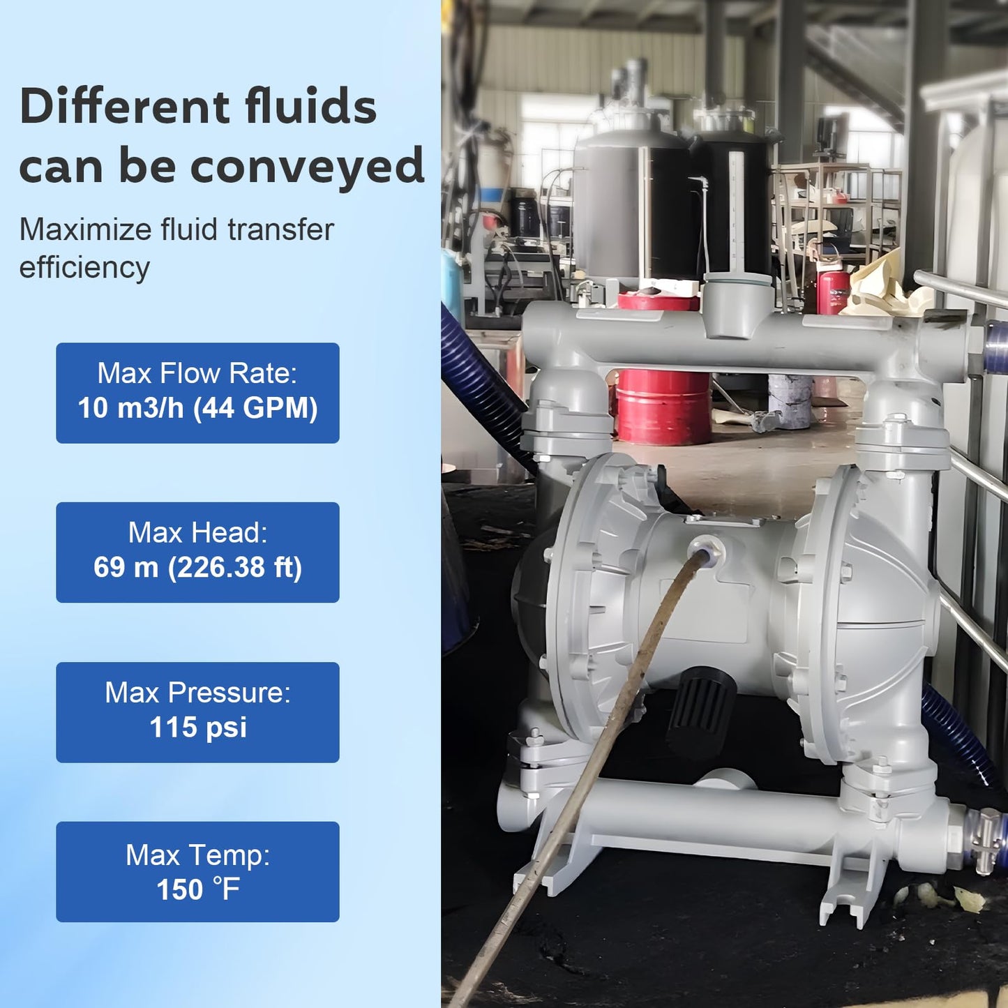 Air Operated Double Diaphragm Pump 1-1/2 inch Inlet & Outlet, 44GPM, Max 115PSI Air Waste Oil Pneumatic Transfer Pump with 2 Extra Diaphragms,Air Diaphragm Pump Aluminum Alloy, QBK_40L