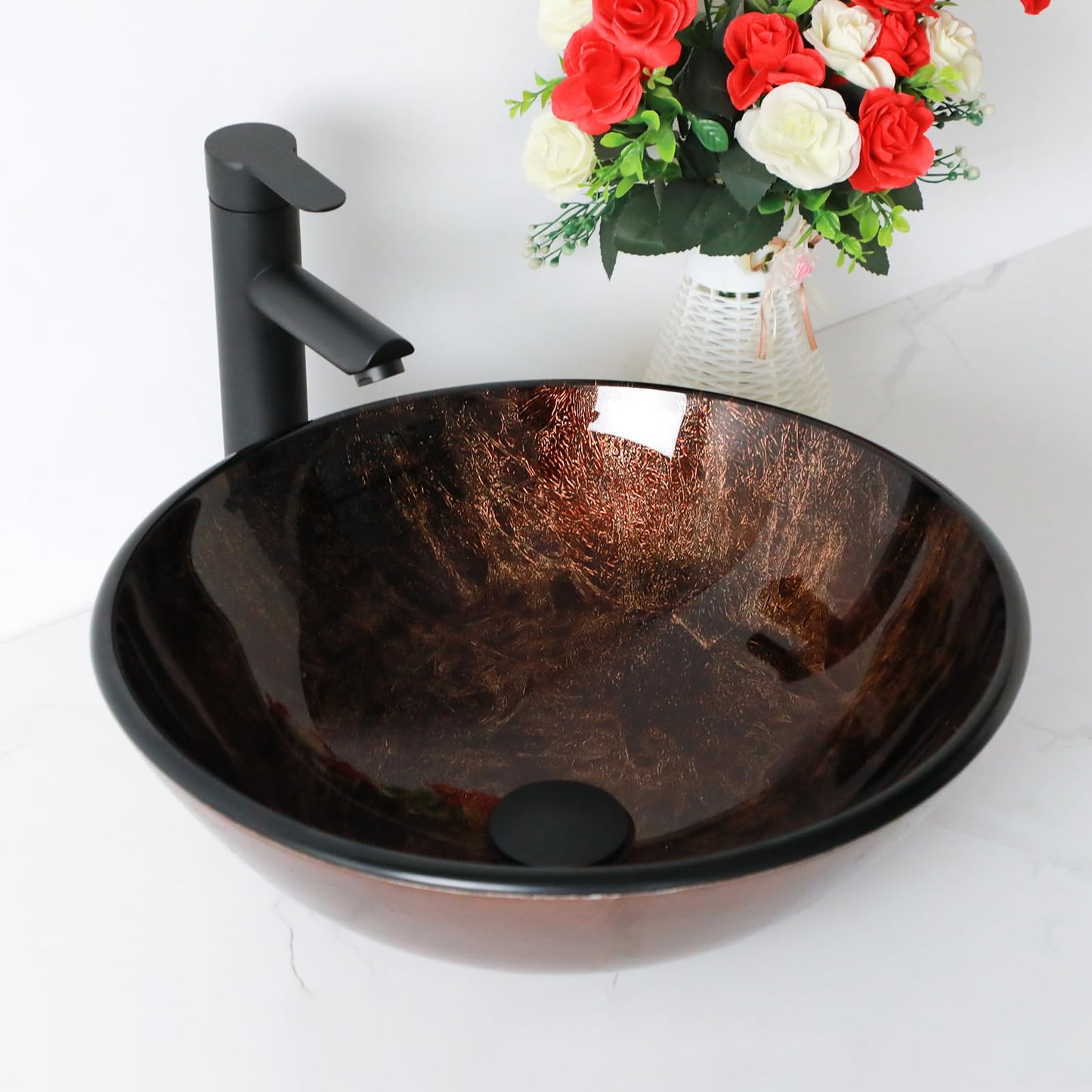 Lofeyo 17'' Brown Glass Vessel Sink with Faucet and Drain Combo 17 in Small Oval Bowl Above Counter top Bathroom Vanity Sink, Modern Artistic 5" Deep Basin