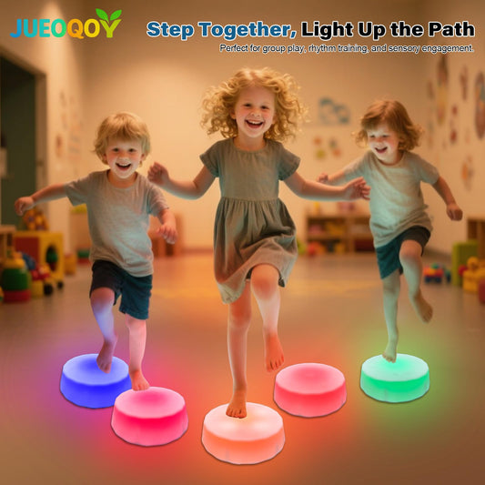 JUEOQOY Light Up Stepping Stones for Kids Ages 3+ – 7-Color LED Balance Stepping Stones with Step Activated Lights for Indoor Outdoor Obstacle Course, Sensory Play (6 Pack)