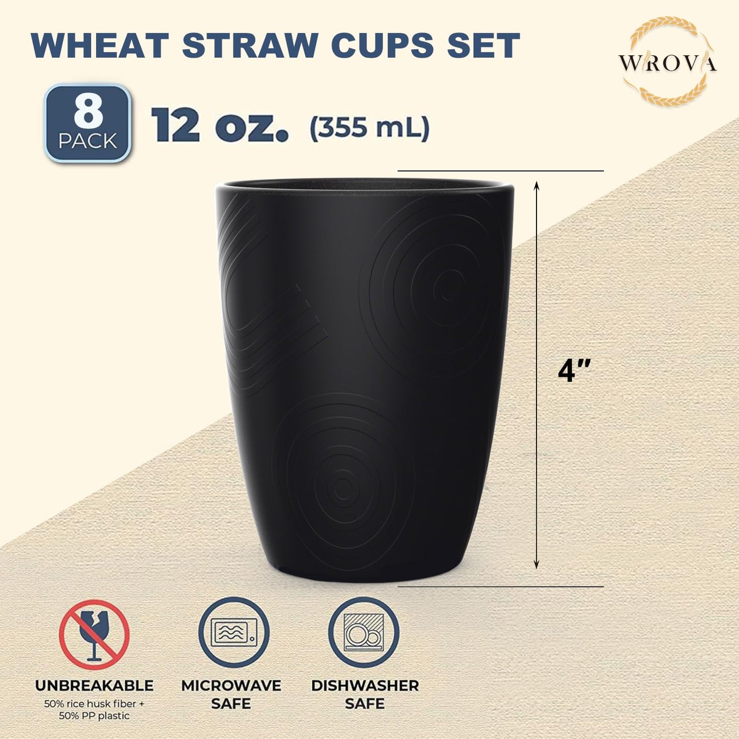 Wrova Wheat Straw Cups 8 PCS Good Alternative to Plastic Reusable Cups 12 oz Unbreakable Drinking Cup Reusable Dishwasher Safe Water Plastic Glasses Pure Black