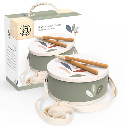 SPEEDY MONKEY Wooden Kids Drum Set for Musical Play | Toddler Percussion Toy with Adjustable Strap & 2 Drumsticks | Supports Rhythm, Creativity & Early Learning for Kids Ages 3+
