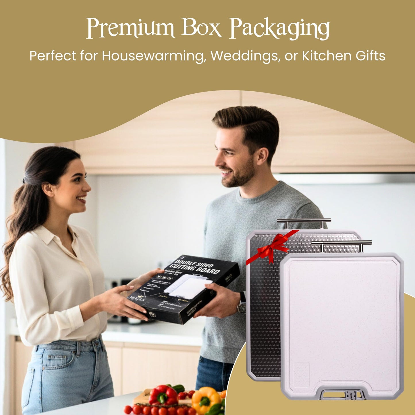 MUGAA Stainless Steel Cutting Board, Double-Sided 304 Stainless Steel & PP, Built-In Knife Sharpener, Non-Slip Juice Groove, Dishwasher Safe Steel Cutting Boards For Kitchen, Medium (15.6" x 12")