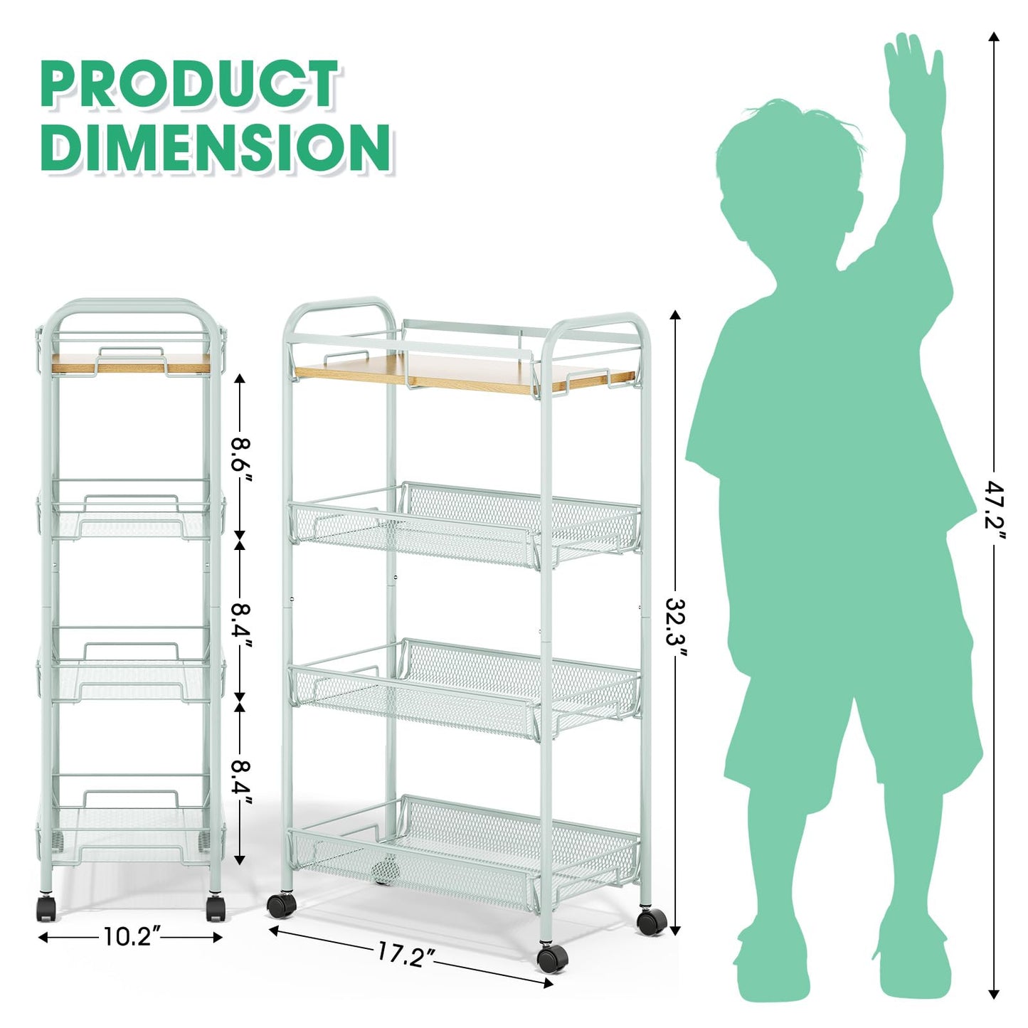 TOOLF 4-Tier Rolling Cart, Metal Utility Cart, Slide Out Storage Cart with Wooden Tabletop and Mesh Baskets for Narrow Space on Kitchen Bathroom Laundry Room Bedroom Apartments Dormitory (Green, Wide)