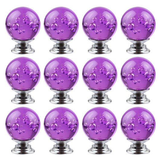 BNYZWOT 12 PCS Crystal Cabinet Knobs Round Glass Bubbles Knobs Smooth Drawer Pulls Handle for Home, Cabinet, Drawer and Dresser with 3 Different Size Screws, 30MM (Purple)