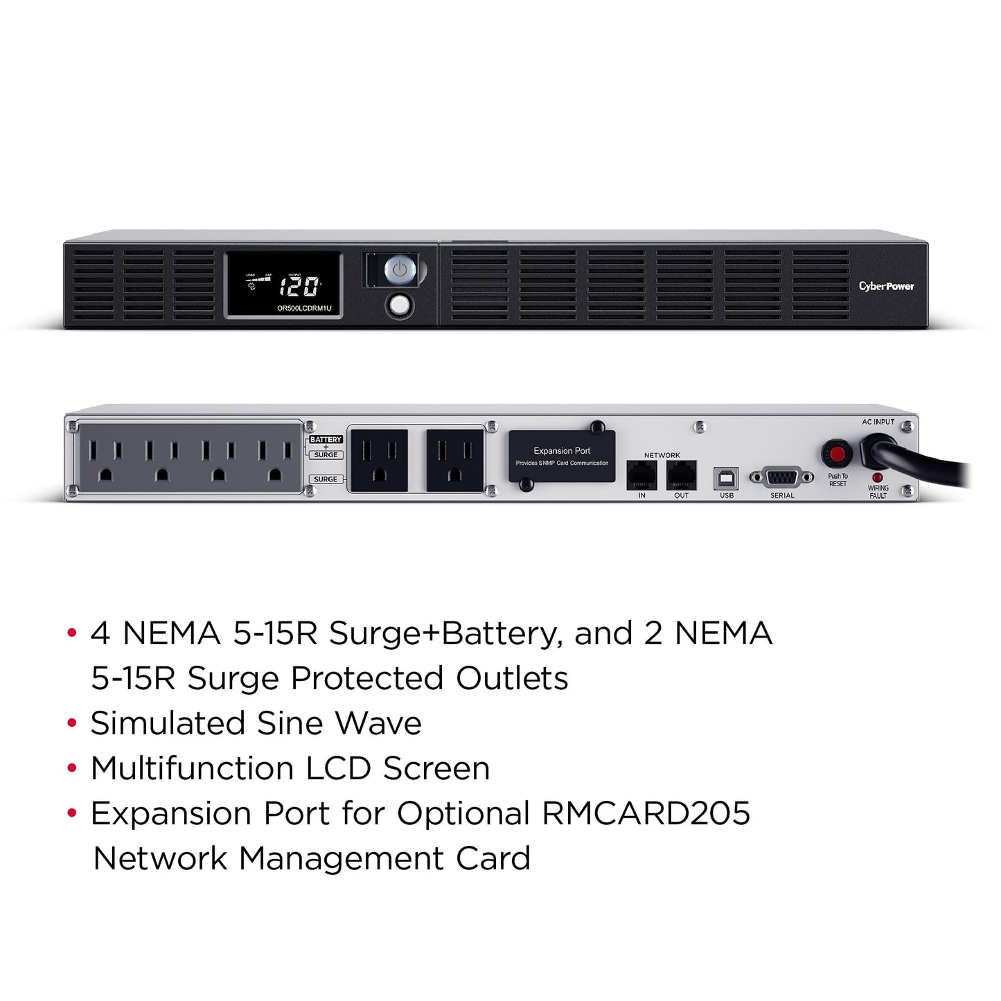 CyberPower OR500LCDRM1U Smart App LCD UPS Battery Backup and Surge Protector, 500VA/300W, 6 Outlets, AVR, 1U Rackmount, UL Certified