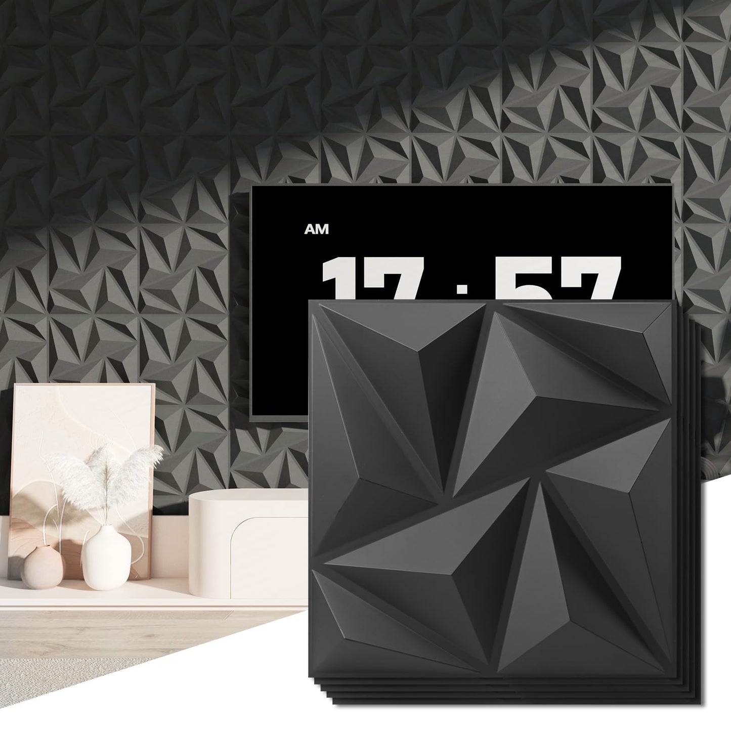 Art3d 3D Wall Panels 20 Pack, 11.8" x 11.8" (19 Sq.ft) PVC Wall Panels, Glue Up Wall Decor for Living Room, Bedroom, Office, Black