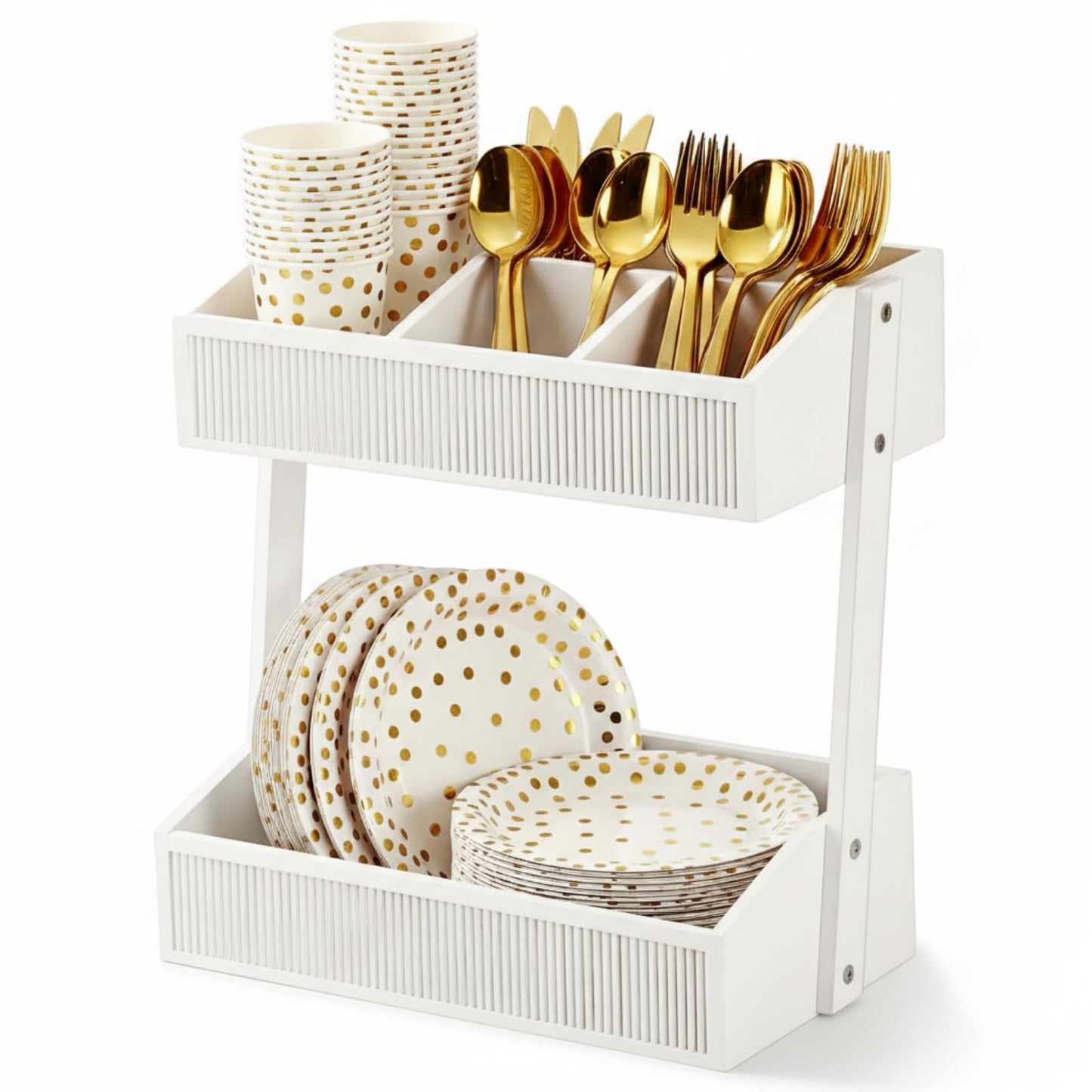 Novabright 2 Tier Paper Plate Dispenser for Kitchen Counter, Paper Plate Organizer, Rustic Wooden Utensil Holder for Party Countertop Cutlery Flatware Storage Rack for Napkin Cup Spoon Fork(White)