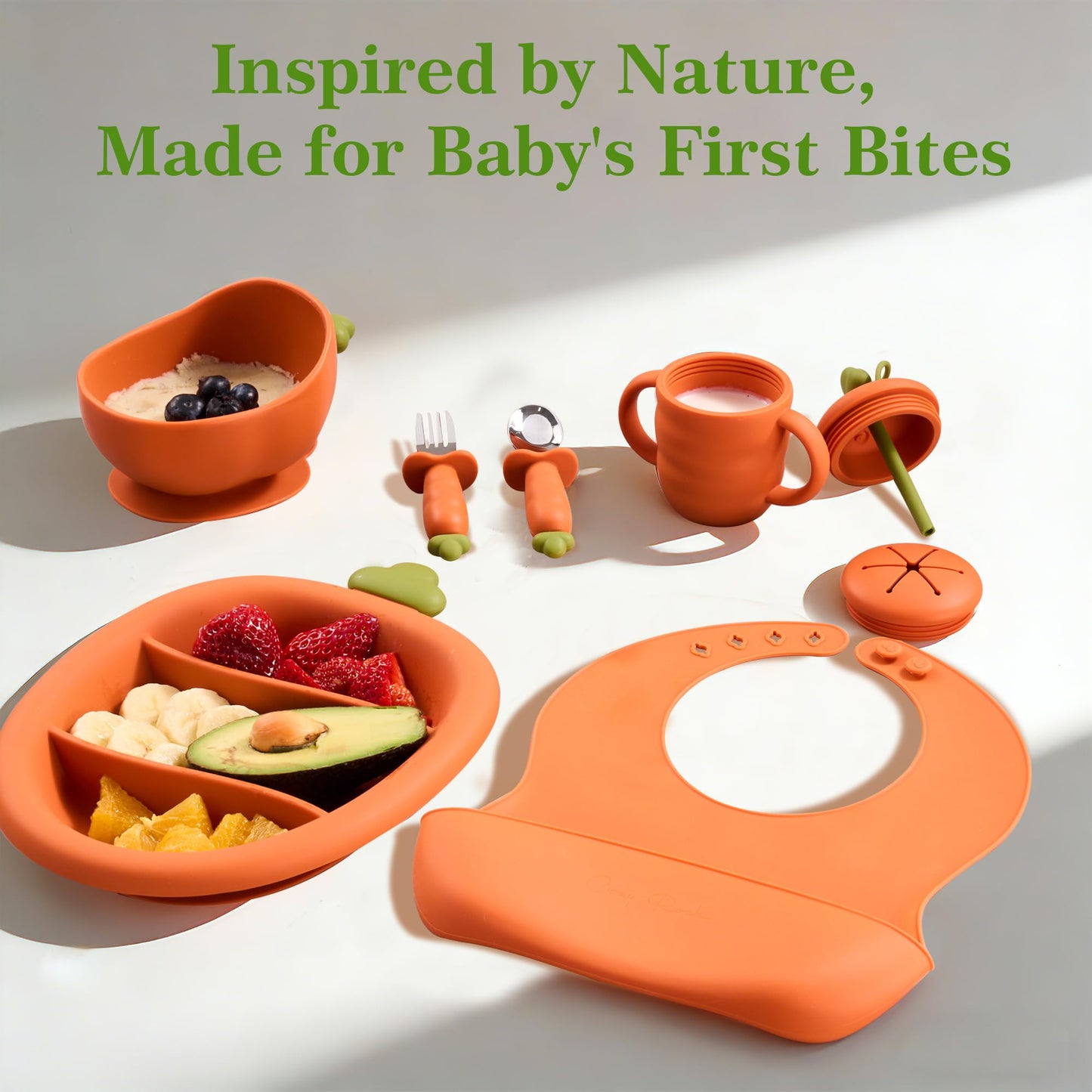 COZY ROCK Silicone Baby Feeding Set, Carrot Design BLW Toddler Feeding Set with Suction Plate & Bowl, Bib, Fork & Spoon, 2-in-1 Straw and Snack Cup, BPA-Free Baby Tableware for Starting Solids