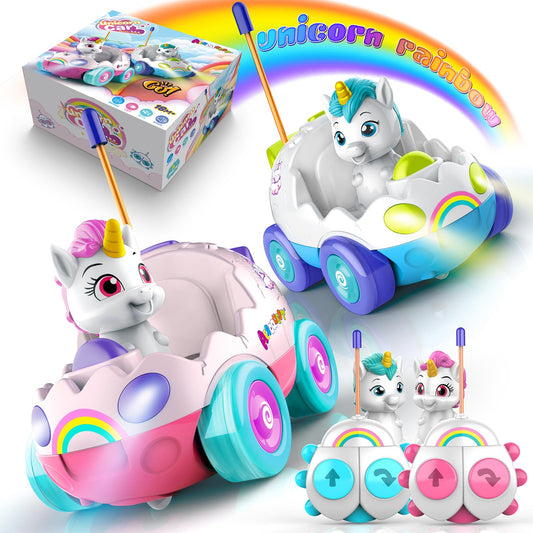 AEROQUEST Unicorn Toys for Girls Remote Control Car for Toddlers 1-3 2 Pack RC Cars with LED Lights & Music Toys for Ages 2-4 Birthday Gifts for 4-6 6-8 Year Old (Unicorn)