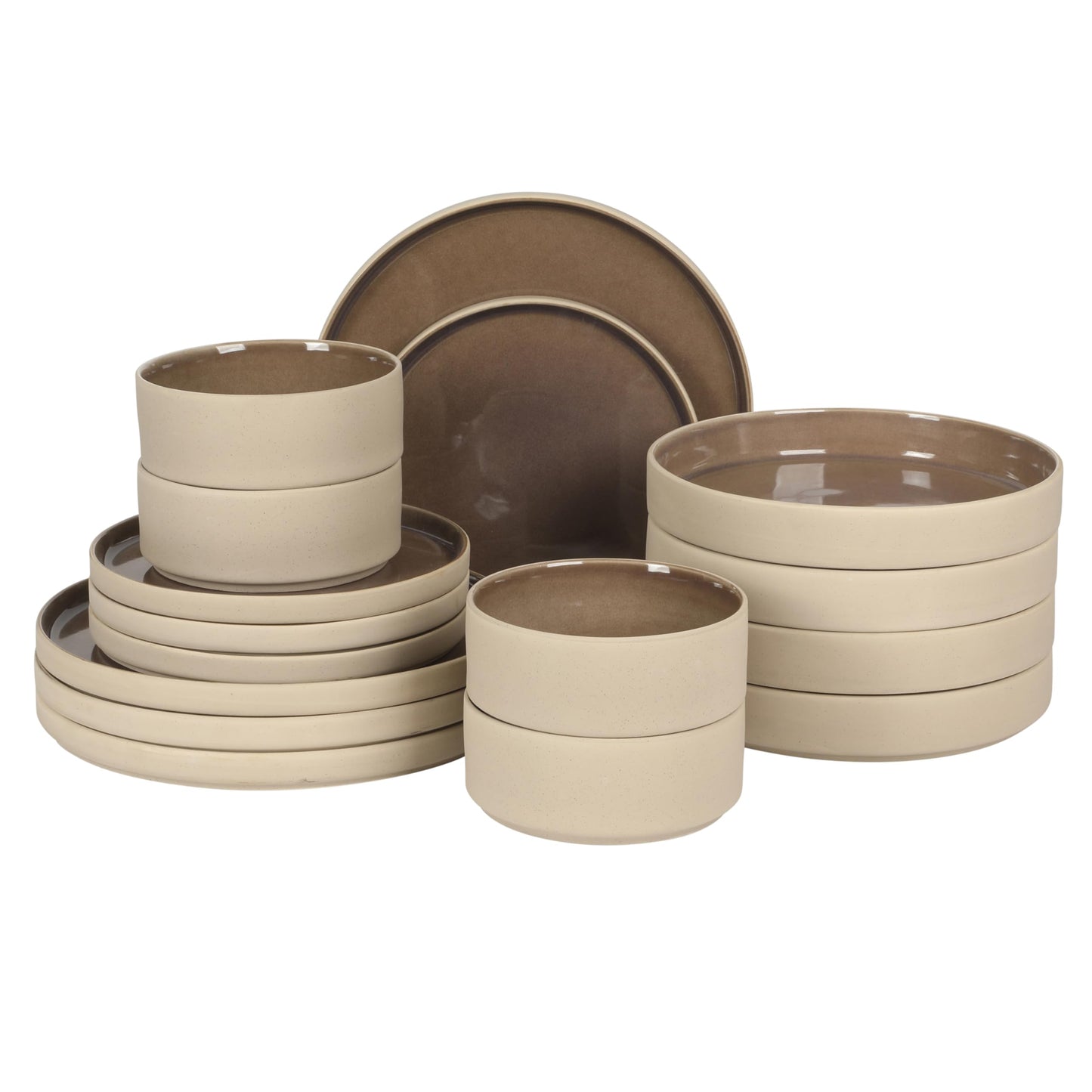 Gibson Elite Liberty Bay 16-Piece Pottery Clay Stoneware Dinnerware Set – Mocha Brown Reactive Glaze, Stackable Plates and Bowls W/Pasta Bowl, Service for 4 – Microwave & Dishwasher Safe