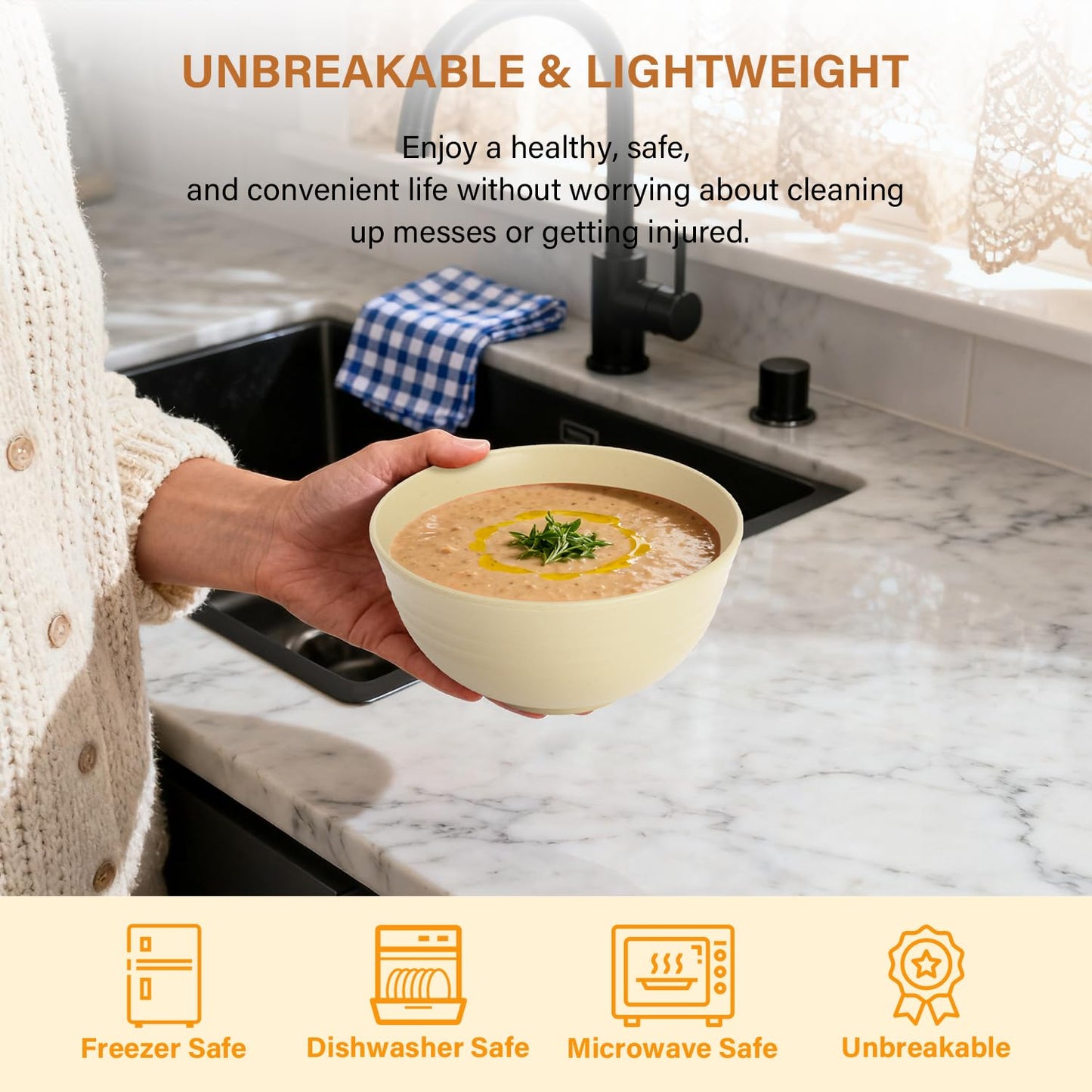Homienly Kitchen Bowls Wheat Straw Unbreakable Bowls for Dorm,RV,Camping,Cereal Bowls Set of 6 Lightweight and Stackable Bowls for Microwave and Dishwasher Safe (26oz,Beige)