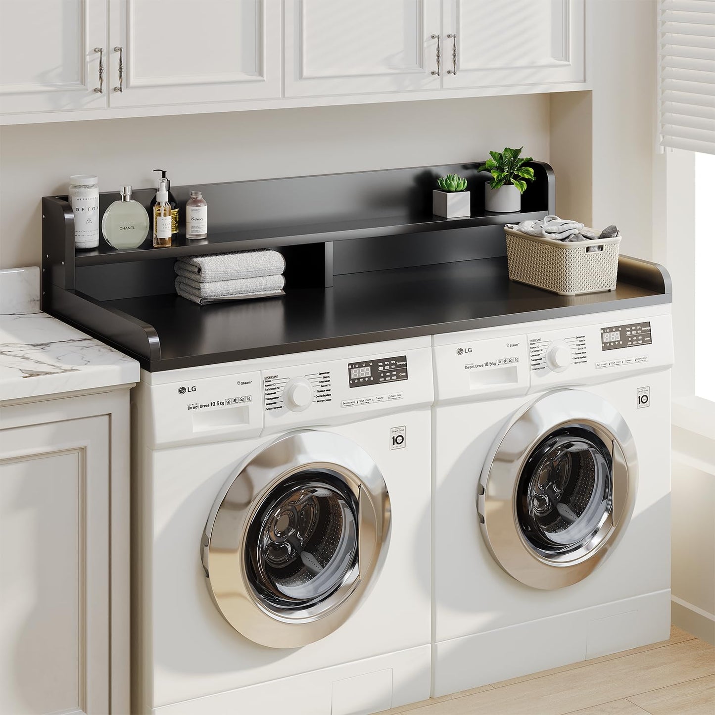 Corbyles 2-Tier Washer Dryer Countertop with 2.75" H Edge Rails, 58" W x 28" D Laundry Countertop for Folding Clothes, Washer and Dryer Topper with Non-Slip Pad (Black)