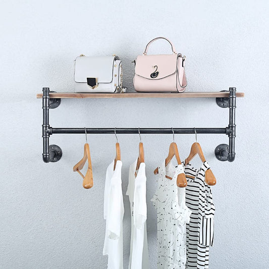 OLDRAINBOW Industrial Pipe Clothing Rack Wall Mounted with Real Wood Shelf,Pipe Shelving Floating Shelves Wall Shelf,36in Retail Clothes Racks Display Rack