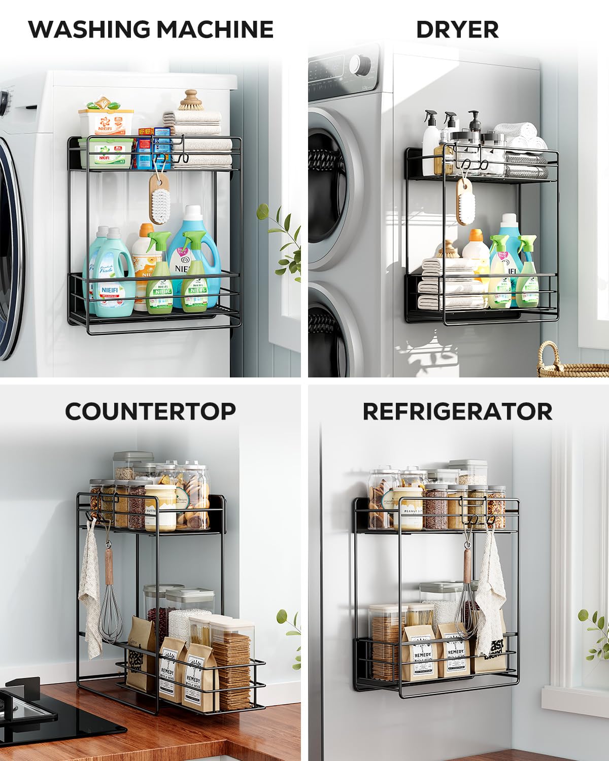 Nieifi Magnetic Shelves for Washing Machine, Heavy Duty, 2 Tier Magnetic Laundry Organizer, Dryer Sheet Holder for Laundry Room Storage, Black