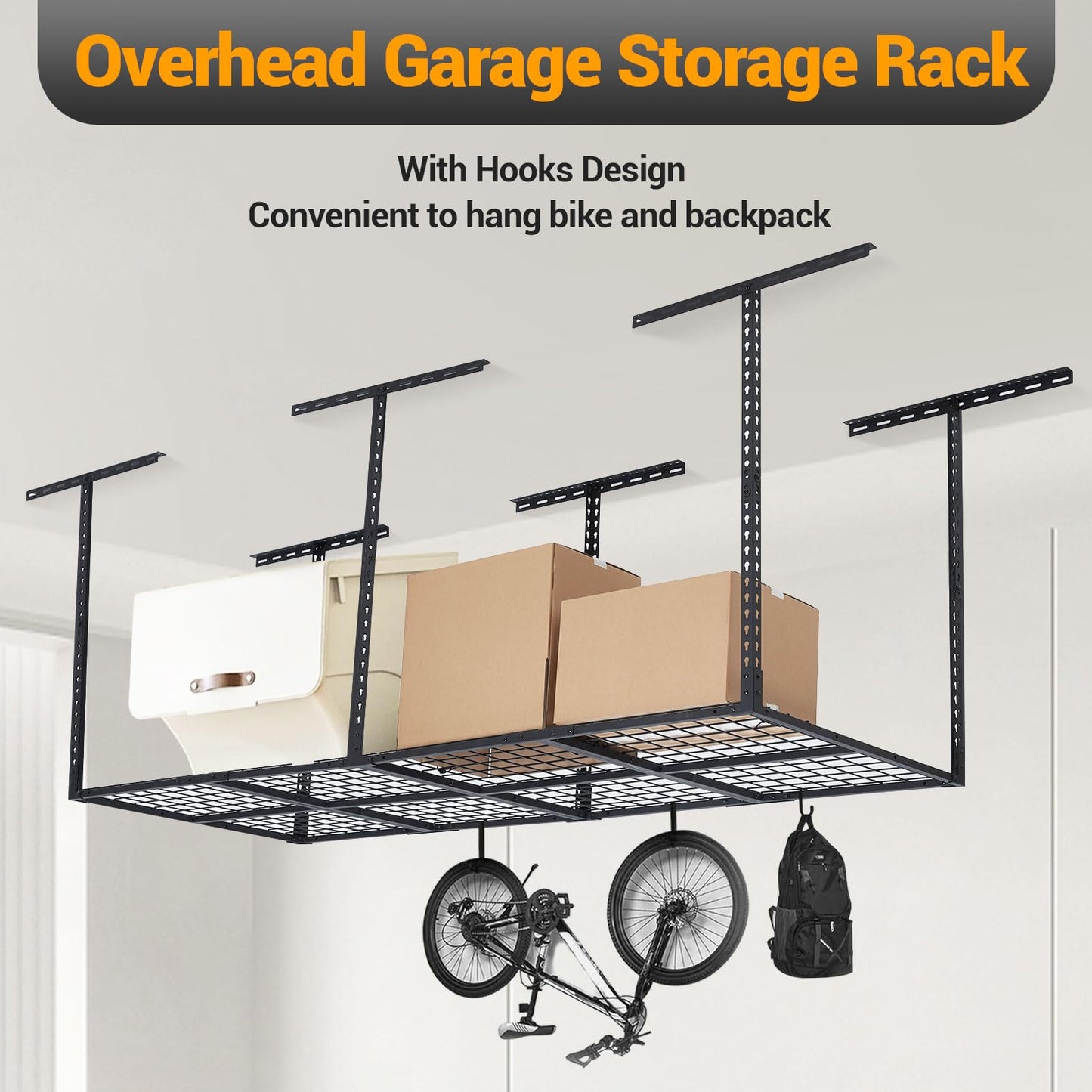 PioneerWorks Garage Ceiling Storage Racks, 96'' x 36'' Heavy-Duty Steel Garage Ceiling Rack with Space-Saving Design, Easy Installation, Adjustable Height, and Durable Finish for Garage