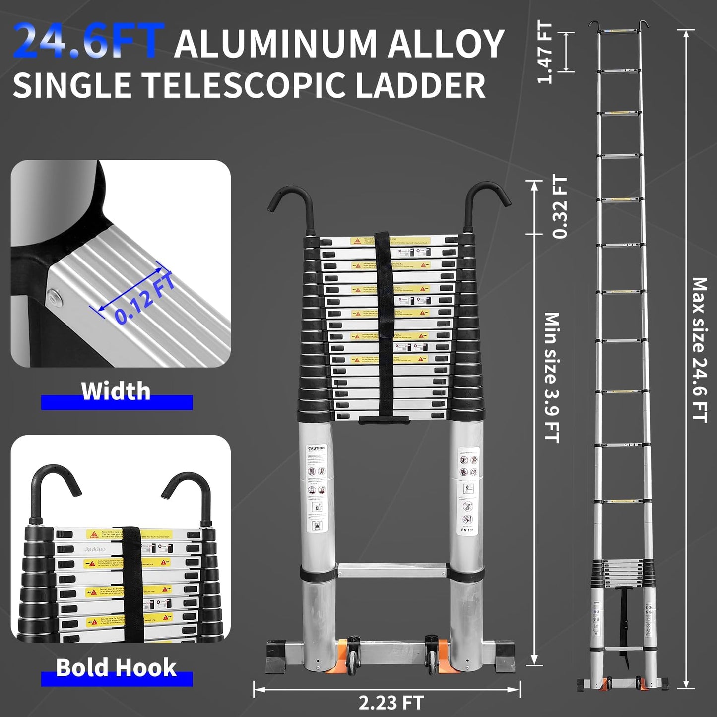 JADDUO Telescoping Ladder,24.6 FT Extension Ladder,Aluminum Lightweight Telescopic Ladder with 2 Triangle Stabilizers