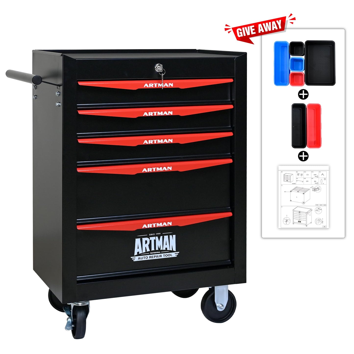 RYH 5 Drawers Rolling Tool Chest - Heavy Duty Mobile Tool Cart with Locking Wheels & Ball Bearing Drawers 30.5" H x 20.9" W x 13" D, Garage Tool Storage Cabinet (Black, 5 Drawers)
