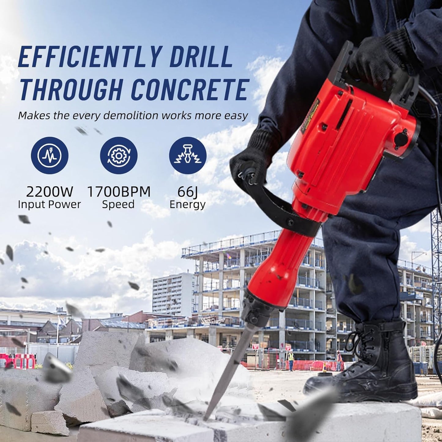 2200W Heavy Duty Electric Jack Hammer,Demolition Power Tool Kit With 3 Chisel Bits,Carrying Case & Safety Gloves for Concrete,Brick and Masonry, 6-Piece Set
