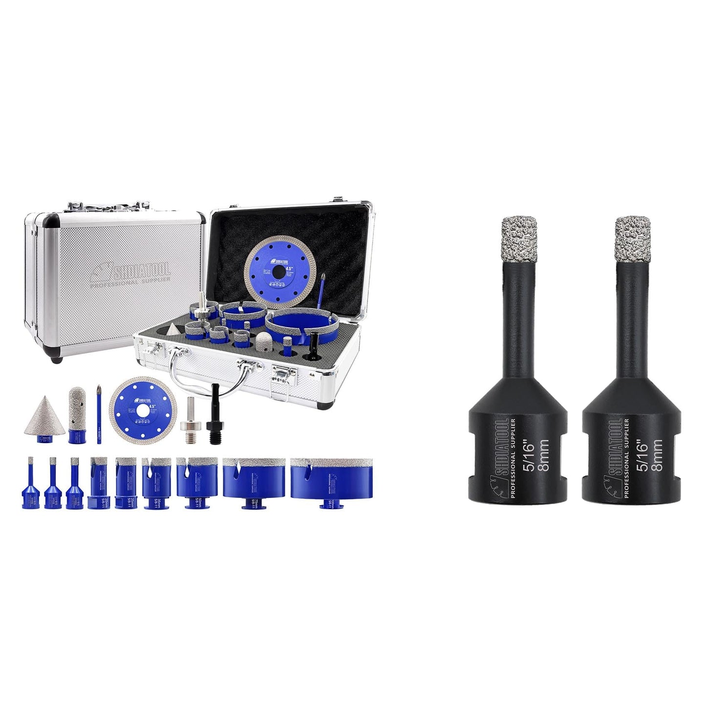 SHDIATOOL Diamond Tile Drill Bits Kit 15pcs, Porcelain Hole Saw Sets, Core Bits Cutter for Drilling Ceramic Marble Granite (6/8/10/20/25/35/50/75/100/20MM/2/SDS/HEX/6MM/4.5”)