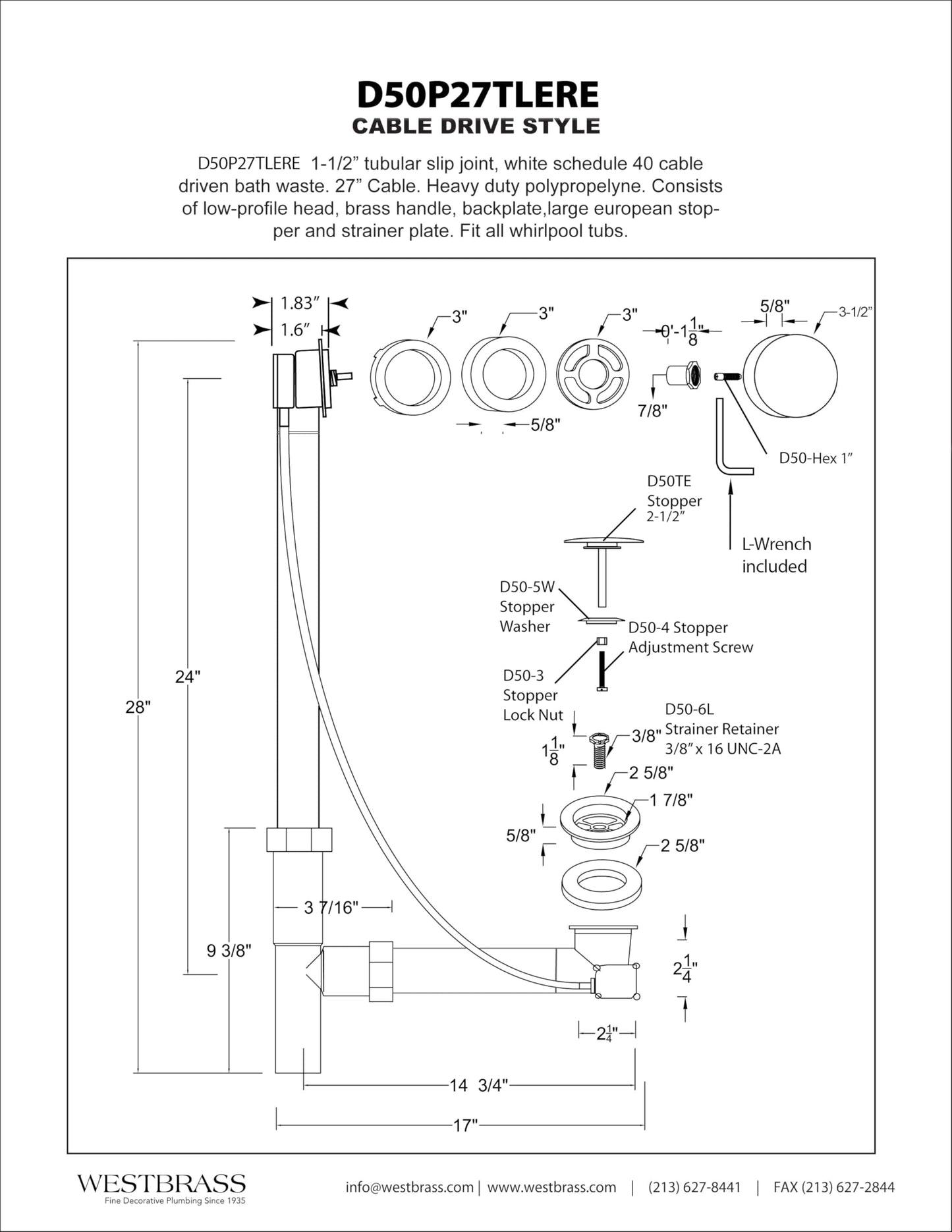 Westbrass D50P27TLERE-50 27" Cable Drive Bath Drain Trim with Rotary Overflow Cover Knob, Pop-Up Stopper and Poly Tubular Pipes & Fittings, Powder Coat White