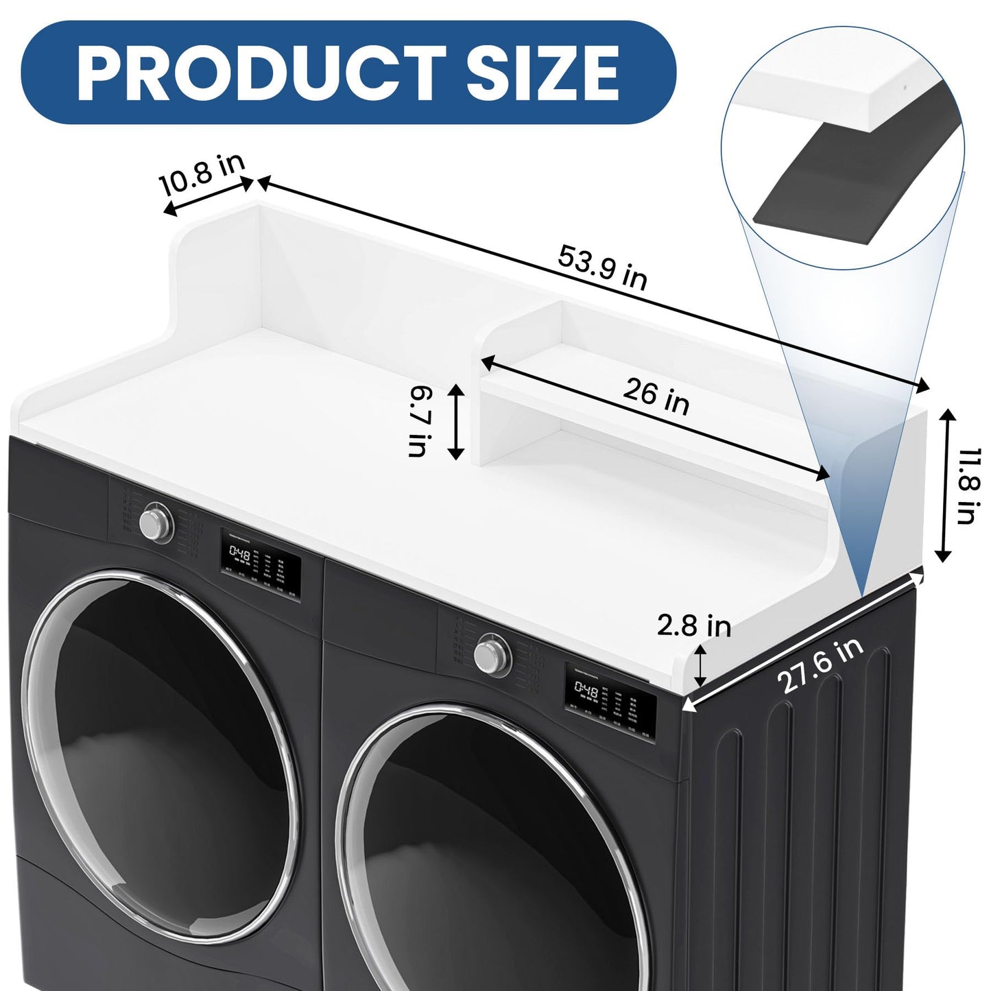 BREENHILL Washer Dryer Countertop with Open Storage Shelf & Raised Edge Guard, Laundry Countertop Over Washer Dryer, Non-Slip Heavy Duty Wood Topper for Front Load Machines, White