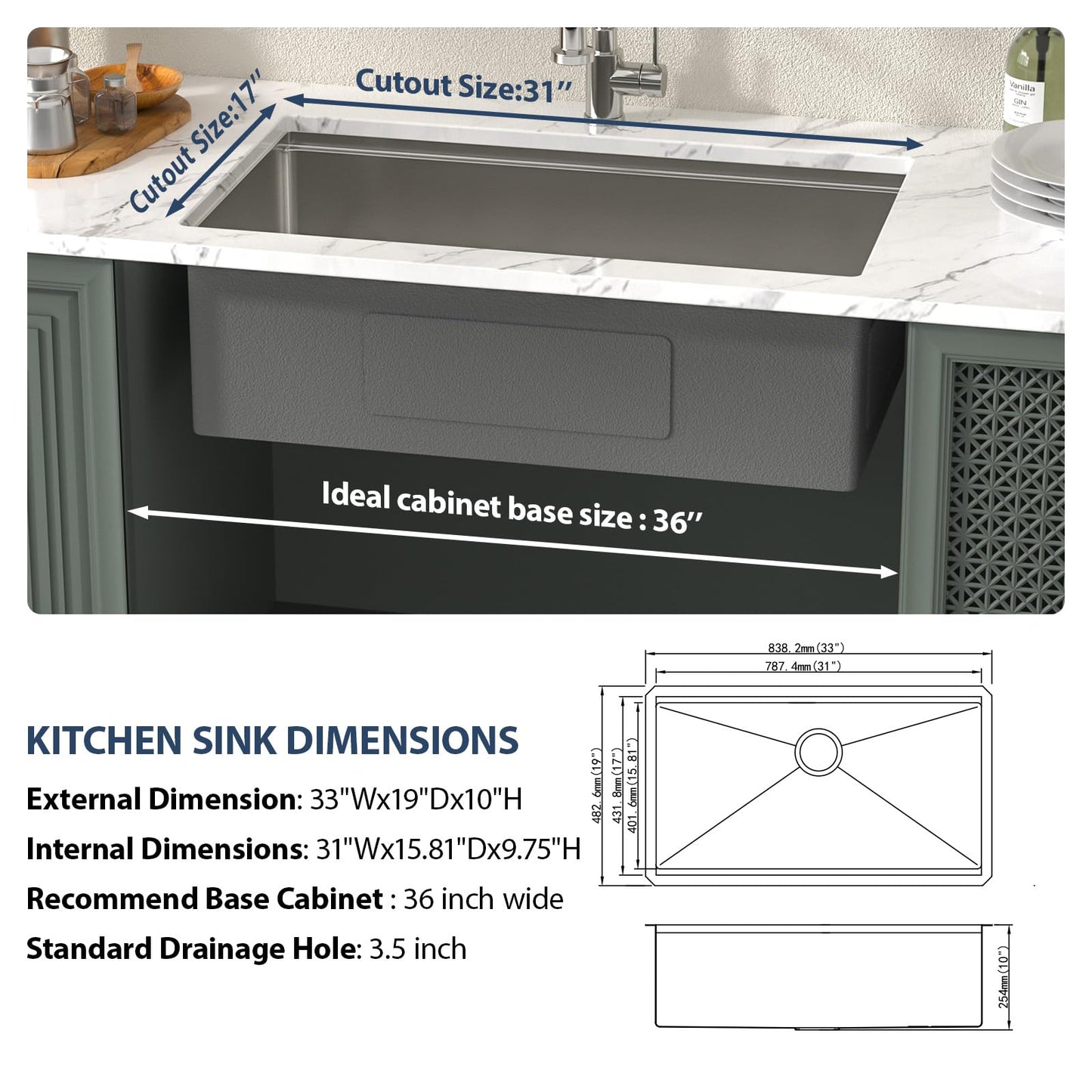 Lordear 33 Undermount Kitchen Sink 33" x 19" Stainless Steel Sinks 16 Gauge Single Bowl Ledge Workstation Handmade Under Counter Kitchen Sink Basin with Built-In Accessories