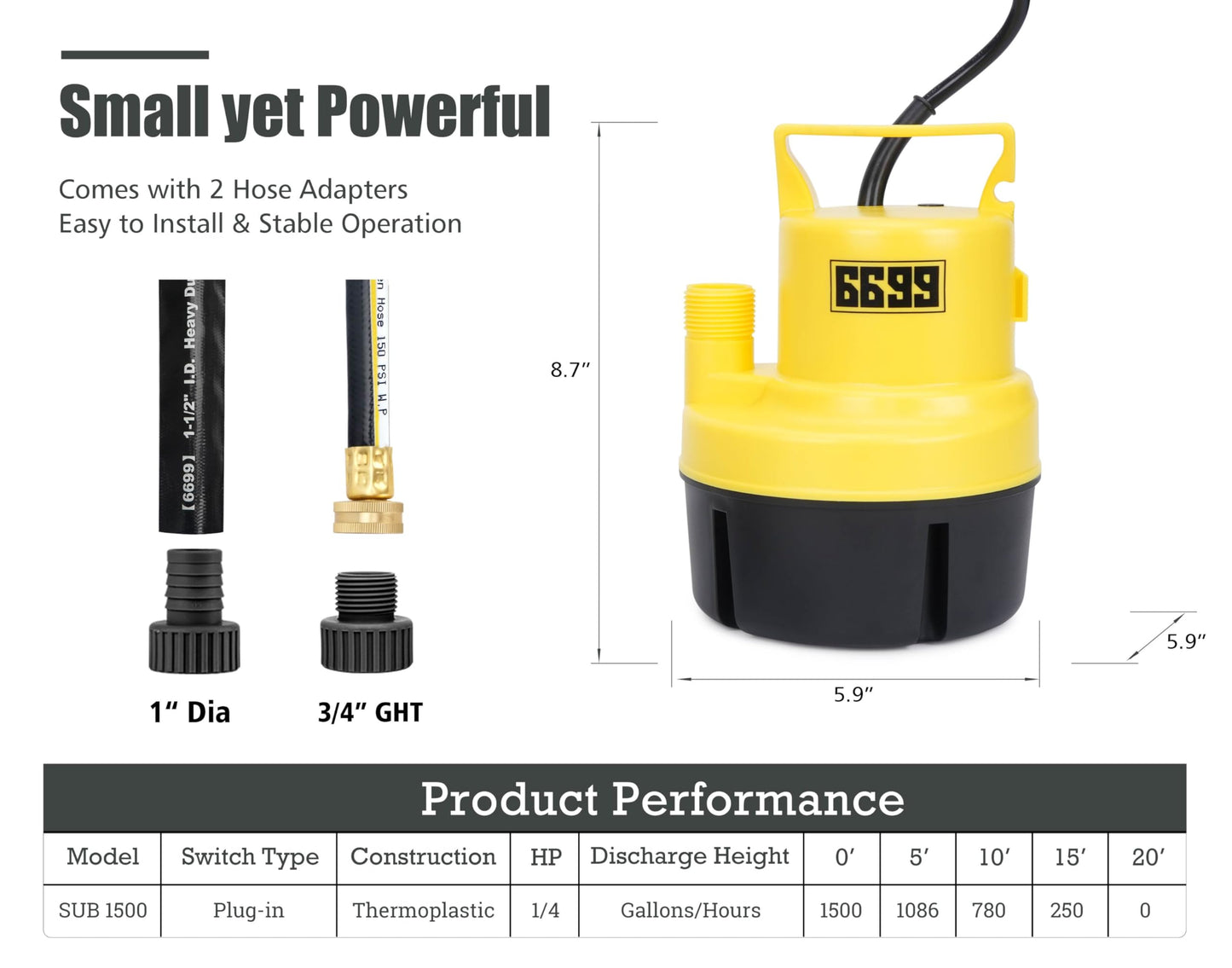 6699 Submersible Sump Pump 1/4 HP 1500GPH Utility Pump Thermoplastic Electric Portable Transfer Water Pump with 10-Foot Cord for Pool Tub Garden Pond Draining Tankless Heater Flushing