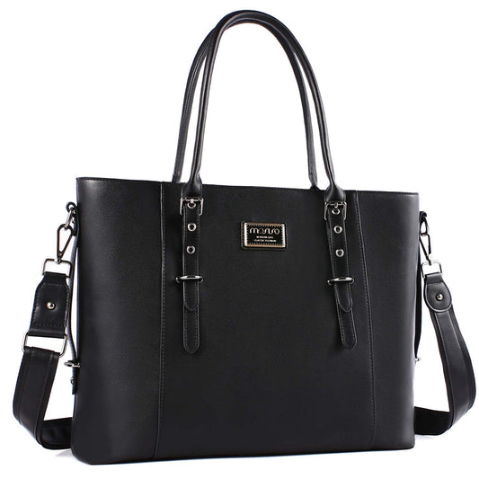 MOSISO Laptop Bag for Women, 17.3 inch Waterproof Vintage PU Leather Briefcase Shoulder Computer Laptop Tote Bag for Office Work, Black