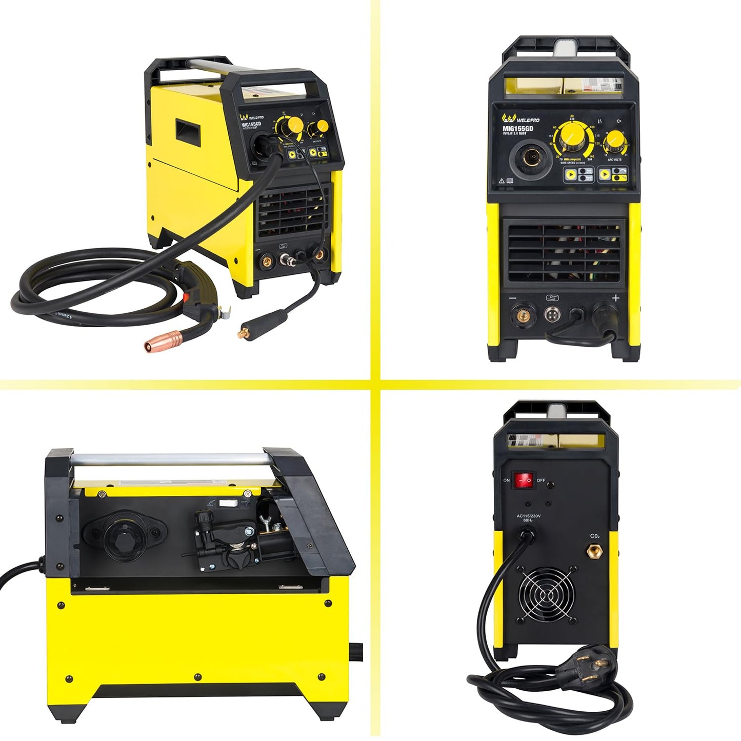 Weldpro 155A MIG Welder, 4 in 1 Welding Machine，Flux Core MIG/Gas MIG/Aluminum Spool Gun/MMA/Stick Welder, 110V/220V Welder Machine with Synergy, IGBT Inverter Portable Welder Equipment for Beginner