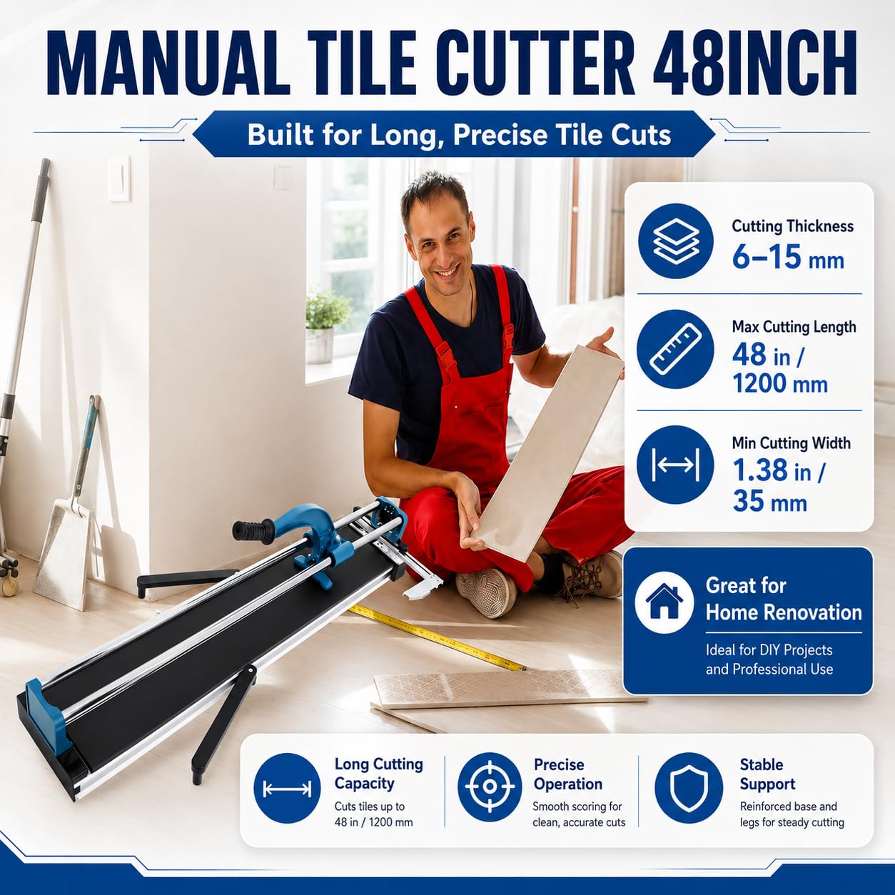 48-Inch Manual Tile Cutter, Laser Guided Precision, Tungsten Carbide Cutting Wheel, Ideal for Porcelain and Ceramic Tiles, Durable All-Steel Construction, Tile Cutting Machine