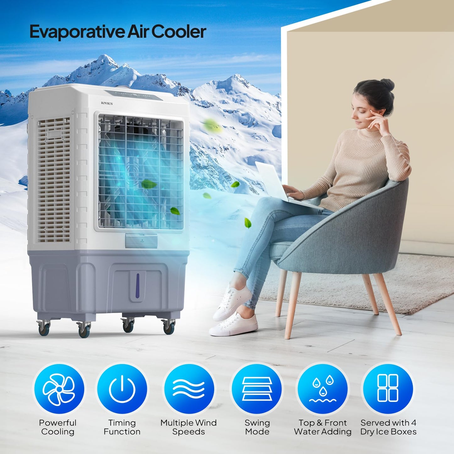 ROVSUN 13.2Gal Portable Swamp Cooler, 4100CFM Evaporative Air Cooler with Auto Oscillating, Remote, 3 Speeds, 7.5H Timer & 4 Ice Packs, 3-IN-1 Humidifying Cooling Fan Indooor Outdoor Patio Garage