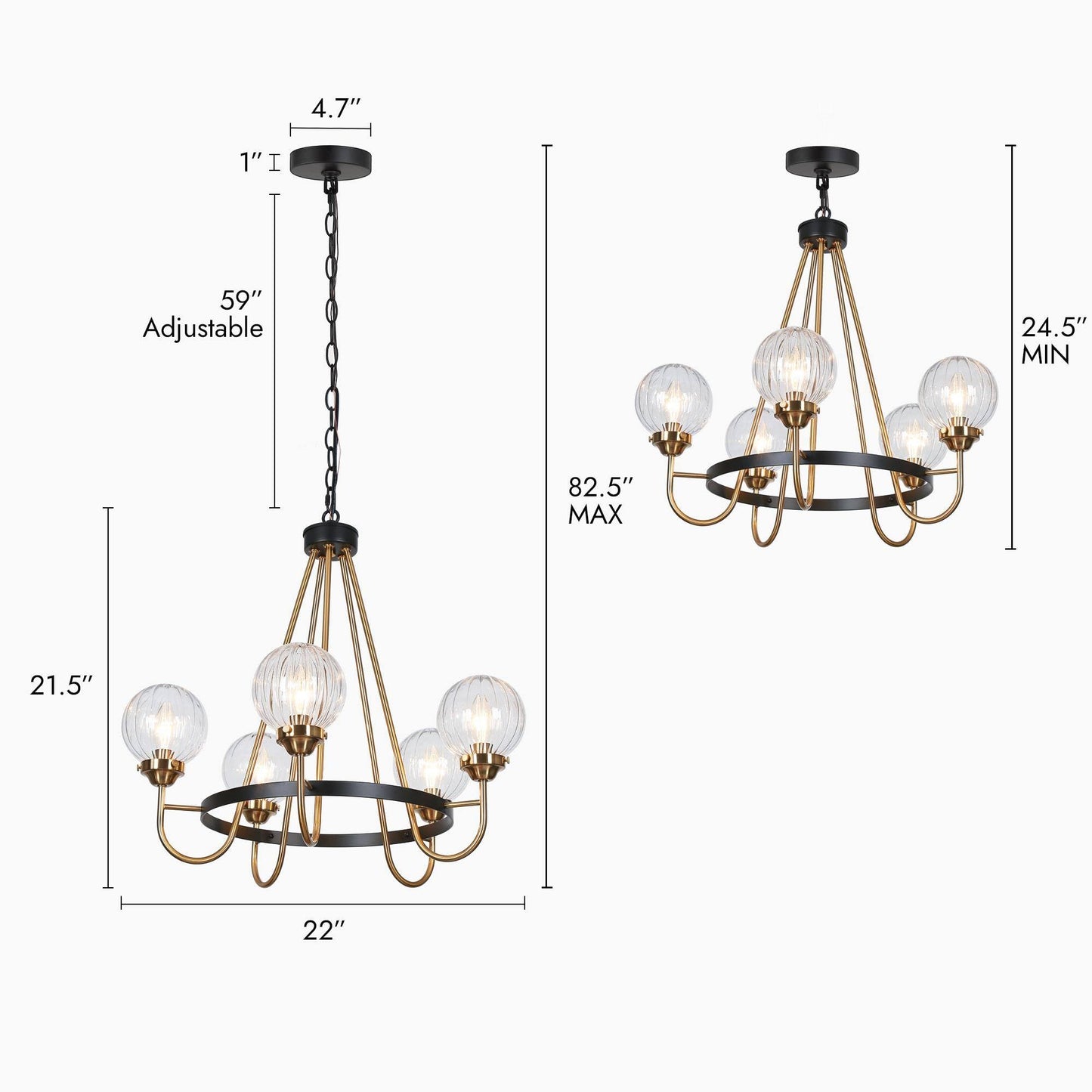 KSANA Black Gold Chandelier, Modern 5-Light Dining Room Light Fixture with Ribbed Glass Globes, Black and Brass Wagon Wheel Chandelier for Kitchen Island and Living Room