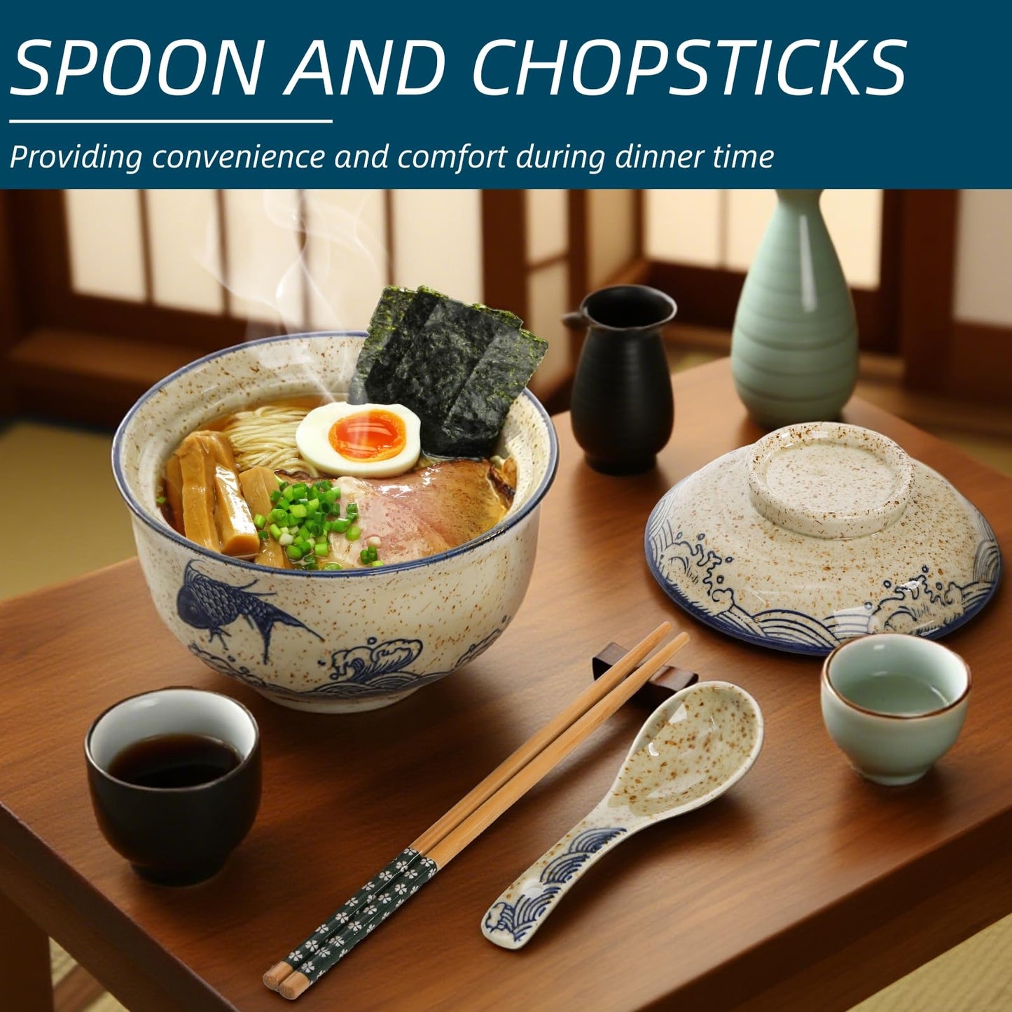 Nagpew 2 Pieces Ceramic Ramen Bowls, 25 Oz Large Soup Bowl with Lid, Spoon, Chopstick, Hand-painted Japanese Tableware for Noodles, Salad, Rice, Microwave Dishwasher safe