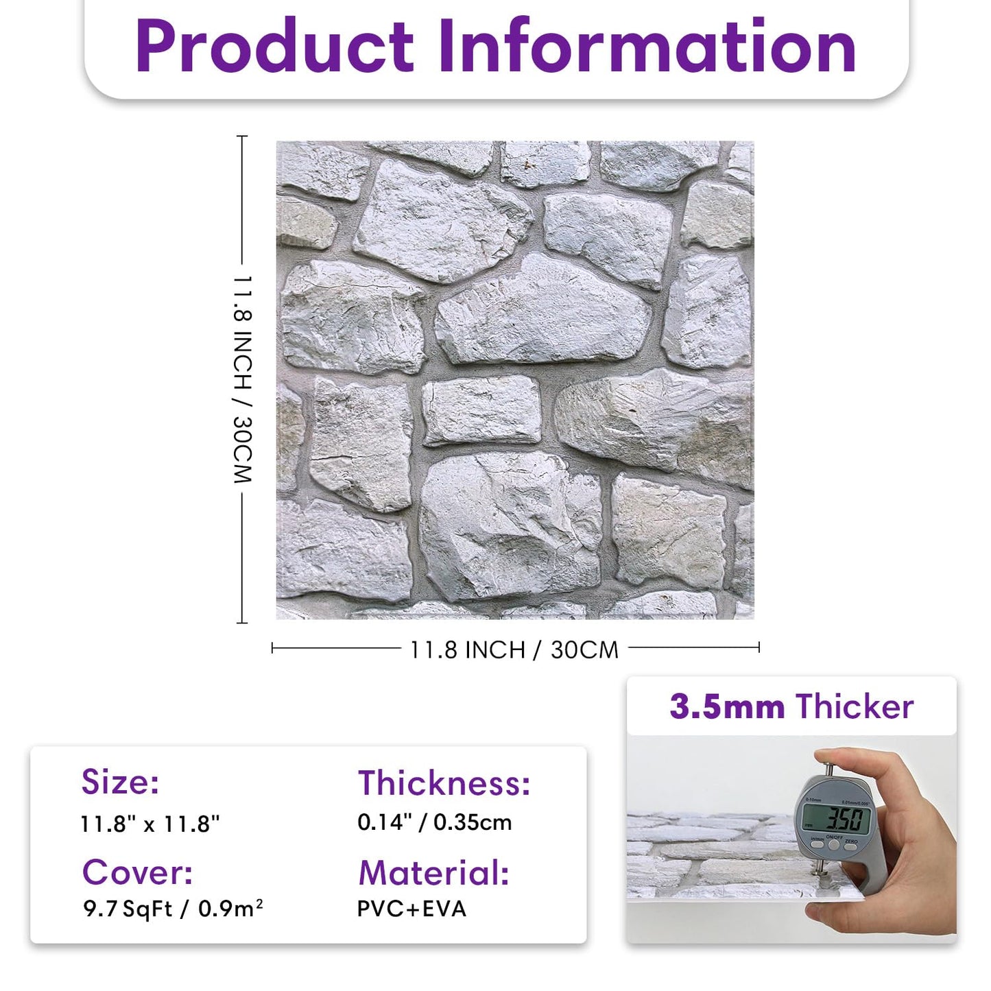 SMOOSTIKC 3D Faux Stone Wall Panels Peel and Stick Whitewash, 10 Pcs 11.8" x 11.8", Stone-Look Textured Wall Sticker, Ultra-Light Thin PVC Fake Stone Wall Covering Tiles for Quick DIY